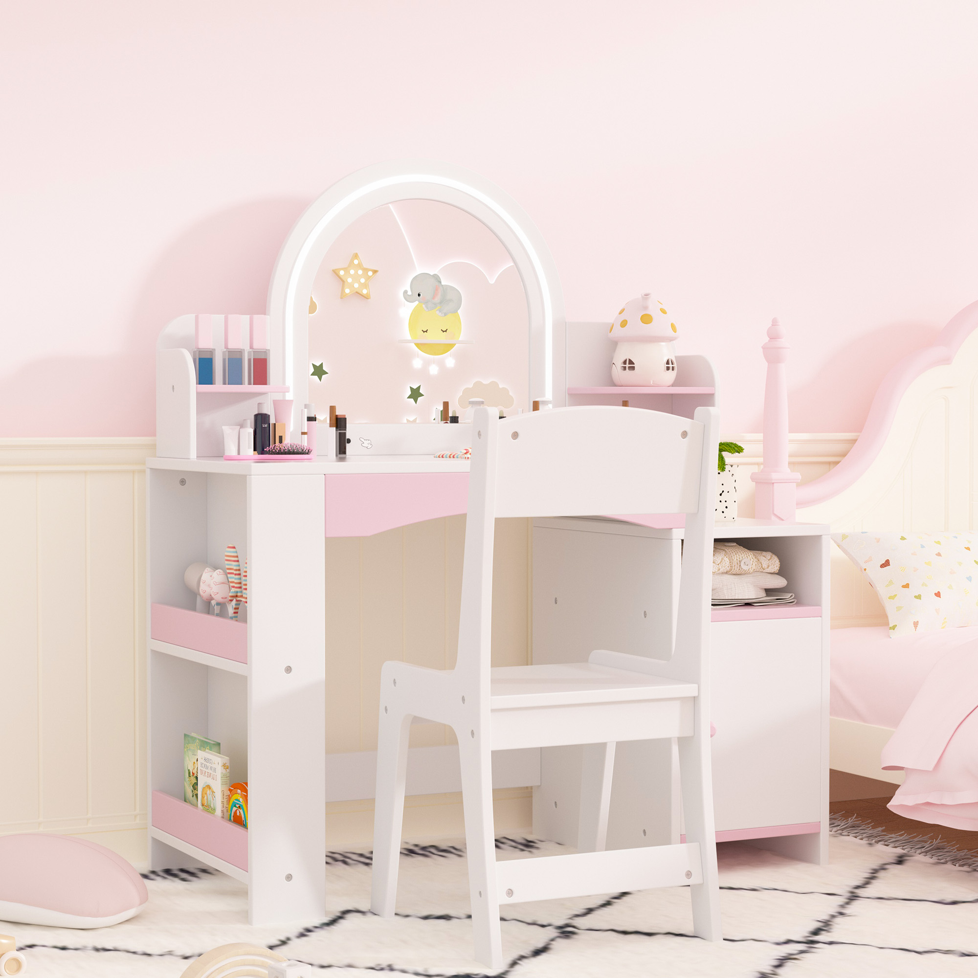 Kids Vanity Table with Mirror, 2 in 1 Girls Vanity Set with Jewelry Storage, Princess Makeup Vanity Desk & Chair Set with Open Shelves, Wooden Pretend Playset
