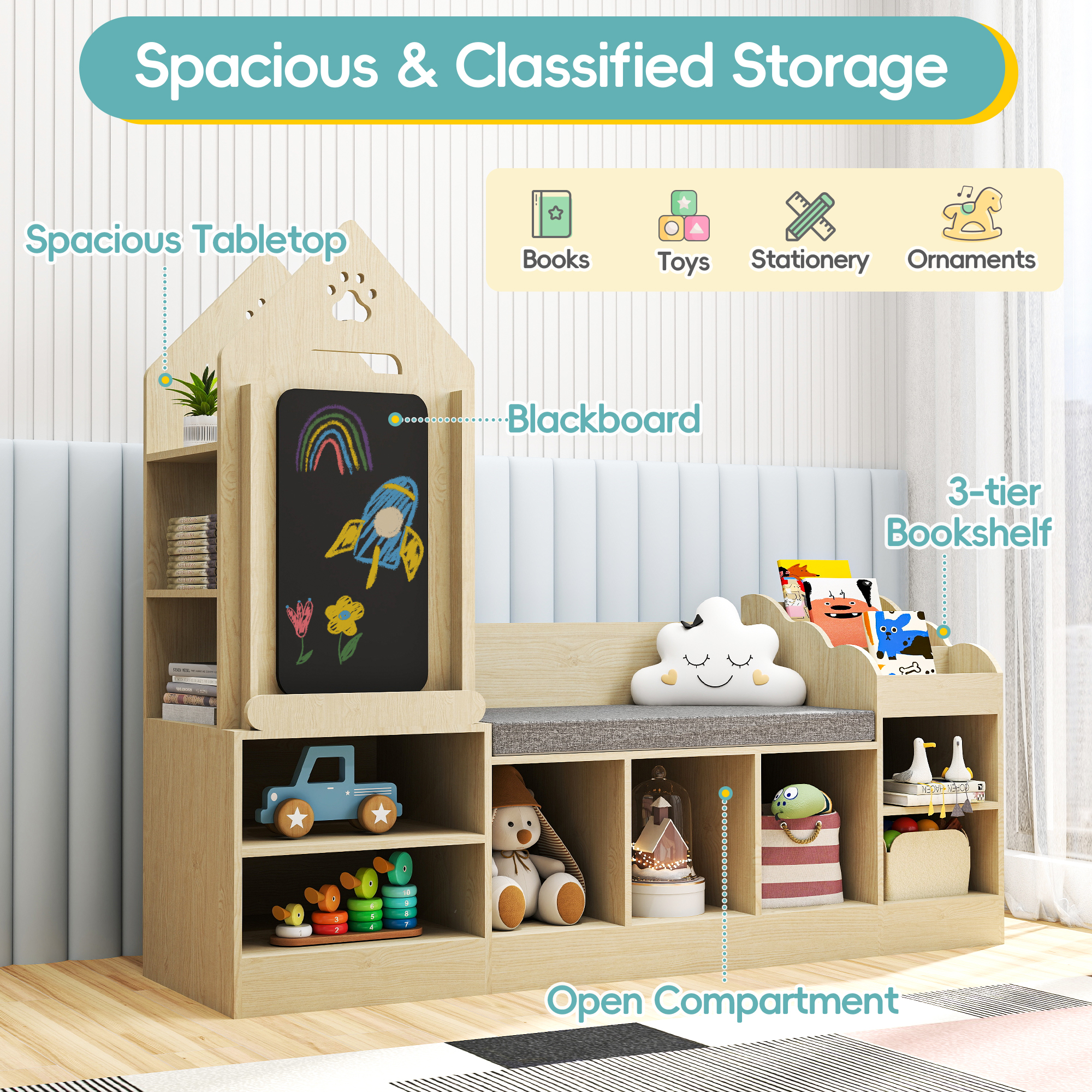Reasea Kids Bookshelf with Reading Corner, Wooden Toy Organizer with Bench and Chalkboard, Toddler Toy Storage for Bedroom, Nursery, or Playroom, Natural Oak Finish