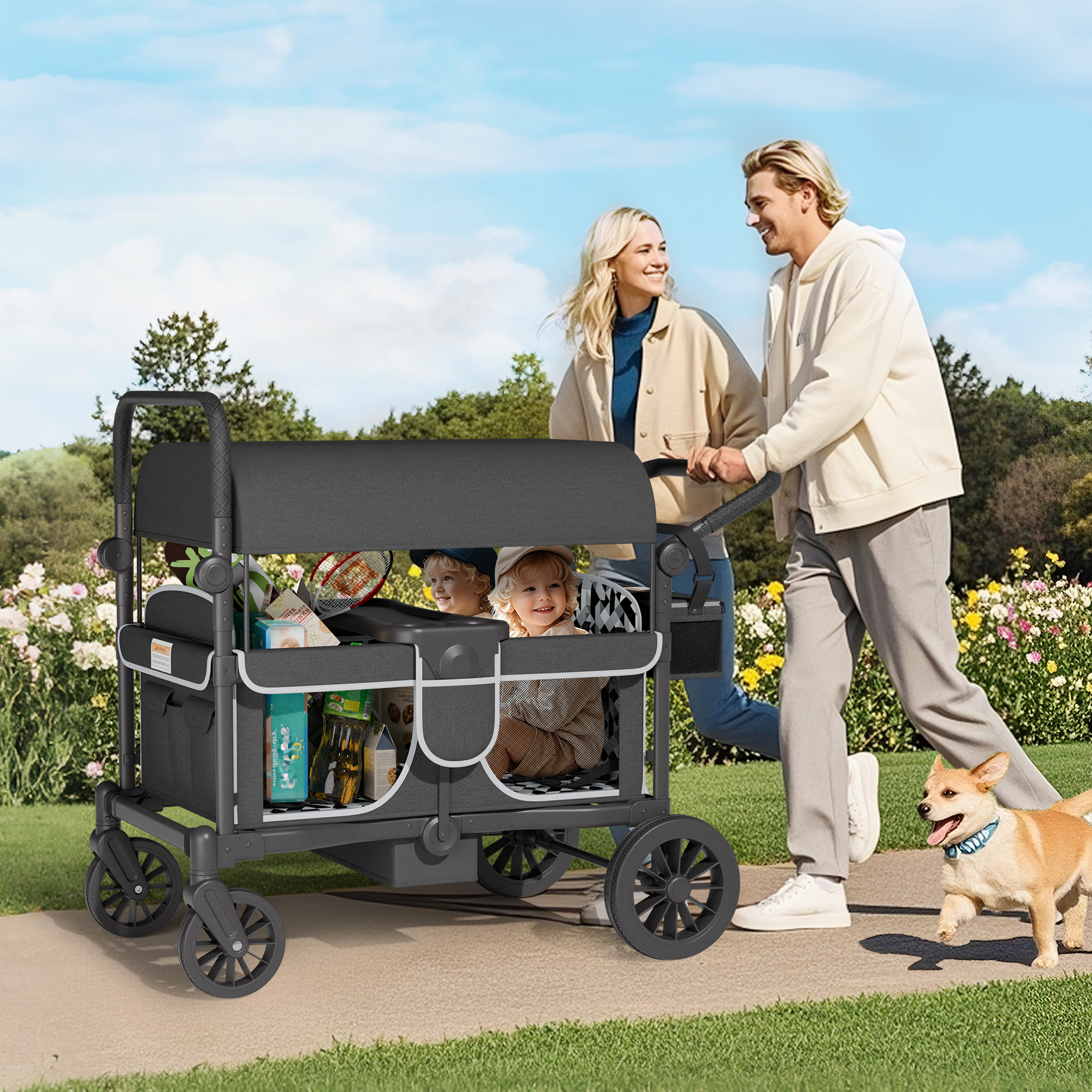 Reasea 4-Seater Foldable Stroller Wagon for Kids, with Canopy, Adjustable Handlebar, 5-Point Safety Harness, Removable Snack Tray & Carry Bag