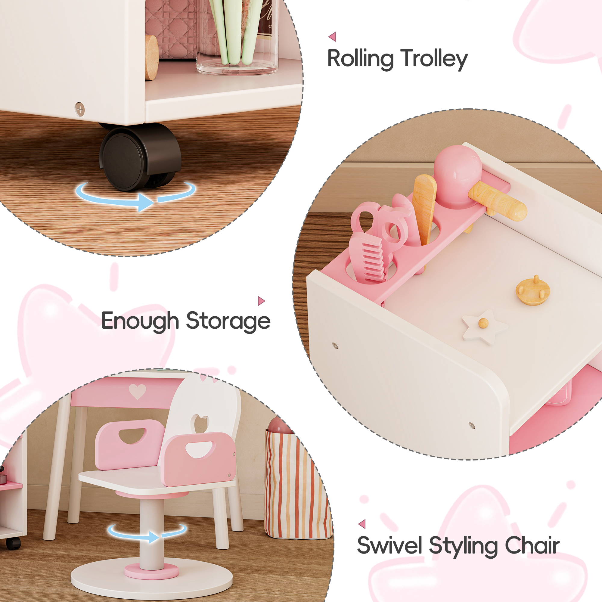 Reasea Kids Vanity Set with Light & Barber Chair, Pretend Play Makeup Dressing Table with Storage Shelf, 7 Pcs Hair Salon Accessories