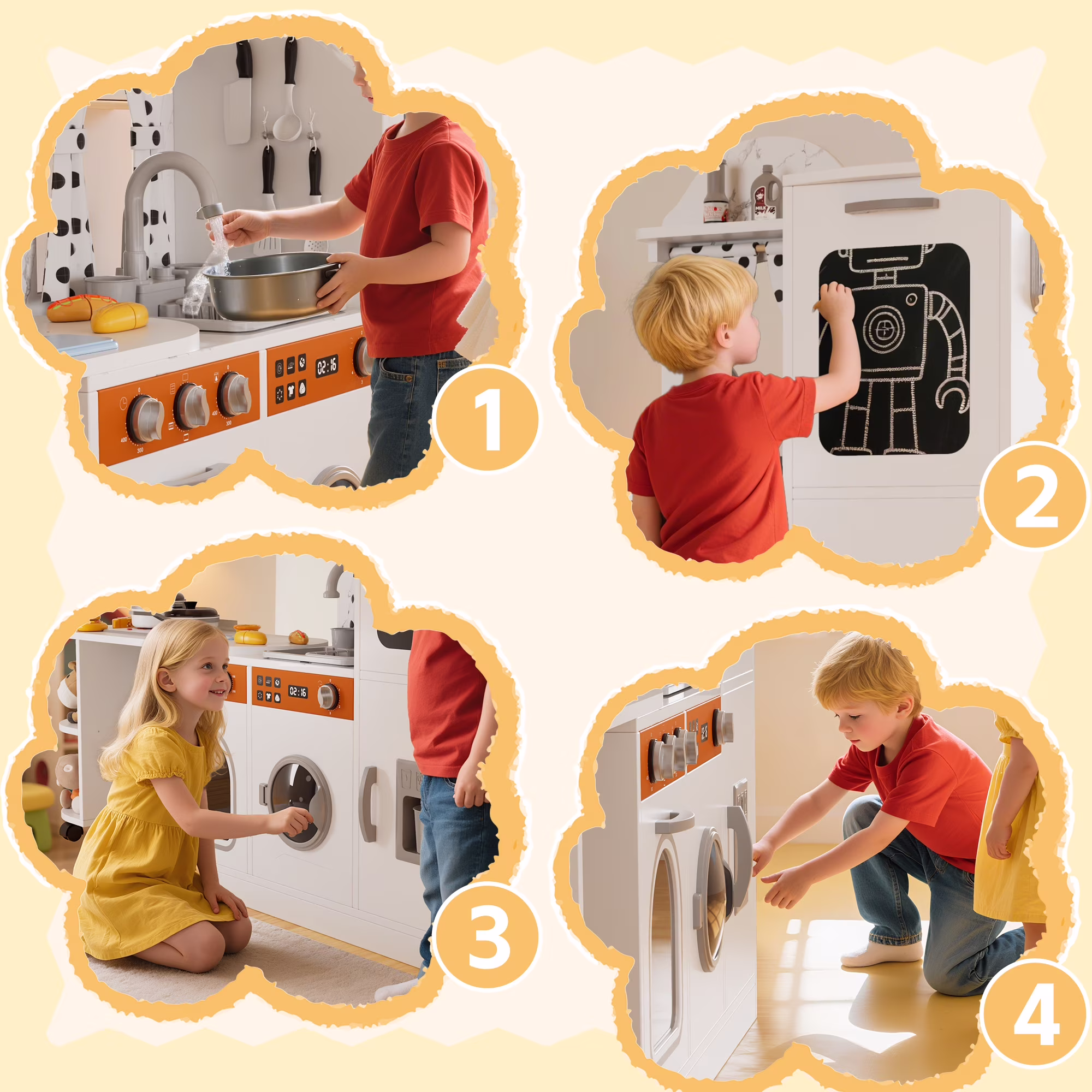 Reasea Play Kitchen, Wooden Kids Kitchen Playset with Realistic Lights and Sounds, Toddler Interative Toy Kitchen, White