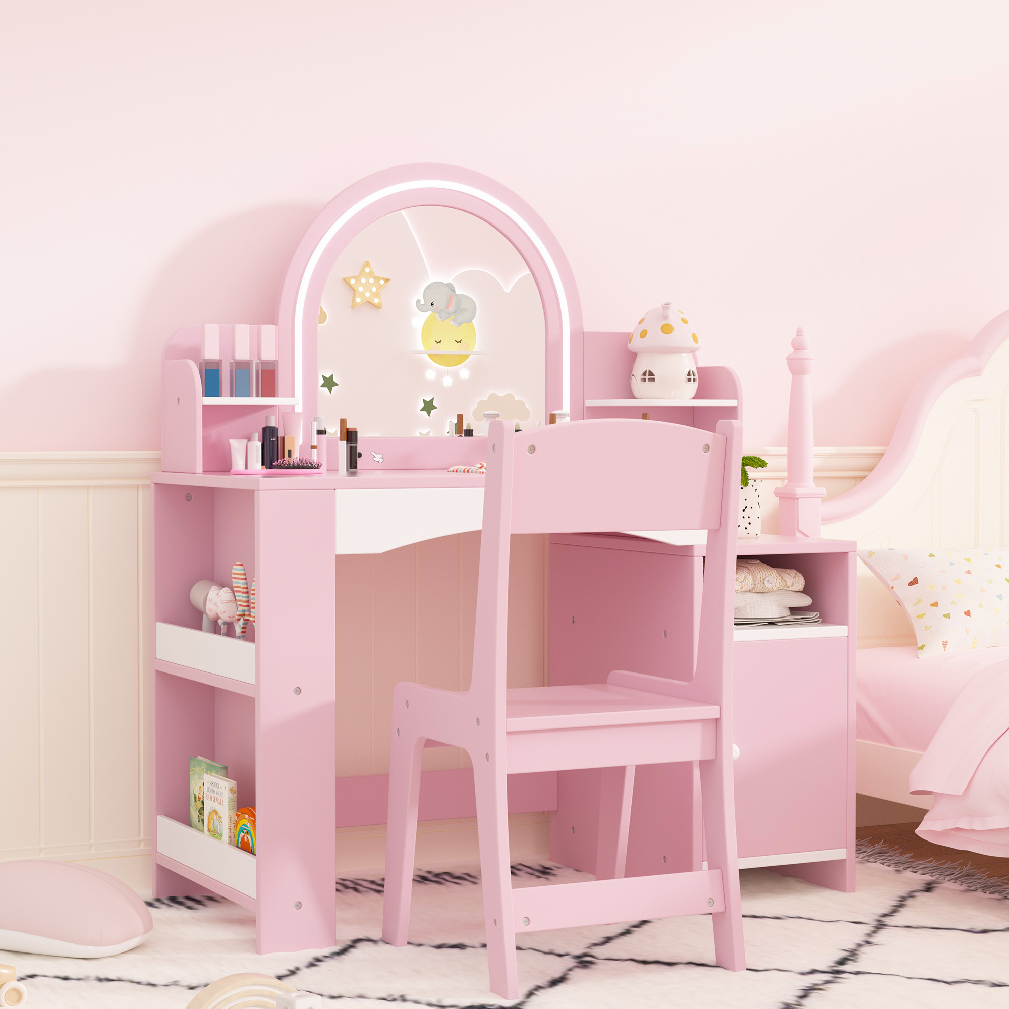 Kids Vanity Table with Mirror, 2 in 1 Girls Vanity Set with Jewelry Storage, Princess Makeup Vanity Desk & Chair Set with Open Shelves, Wooden Pretend Playset