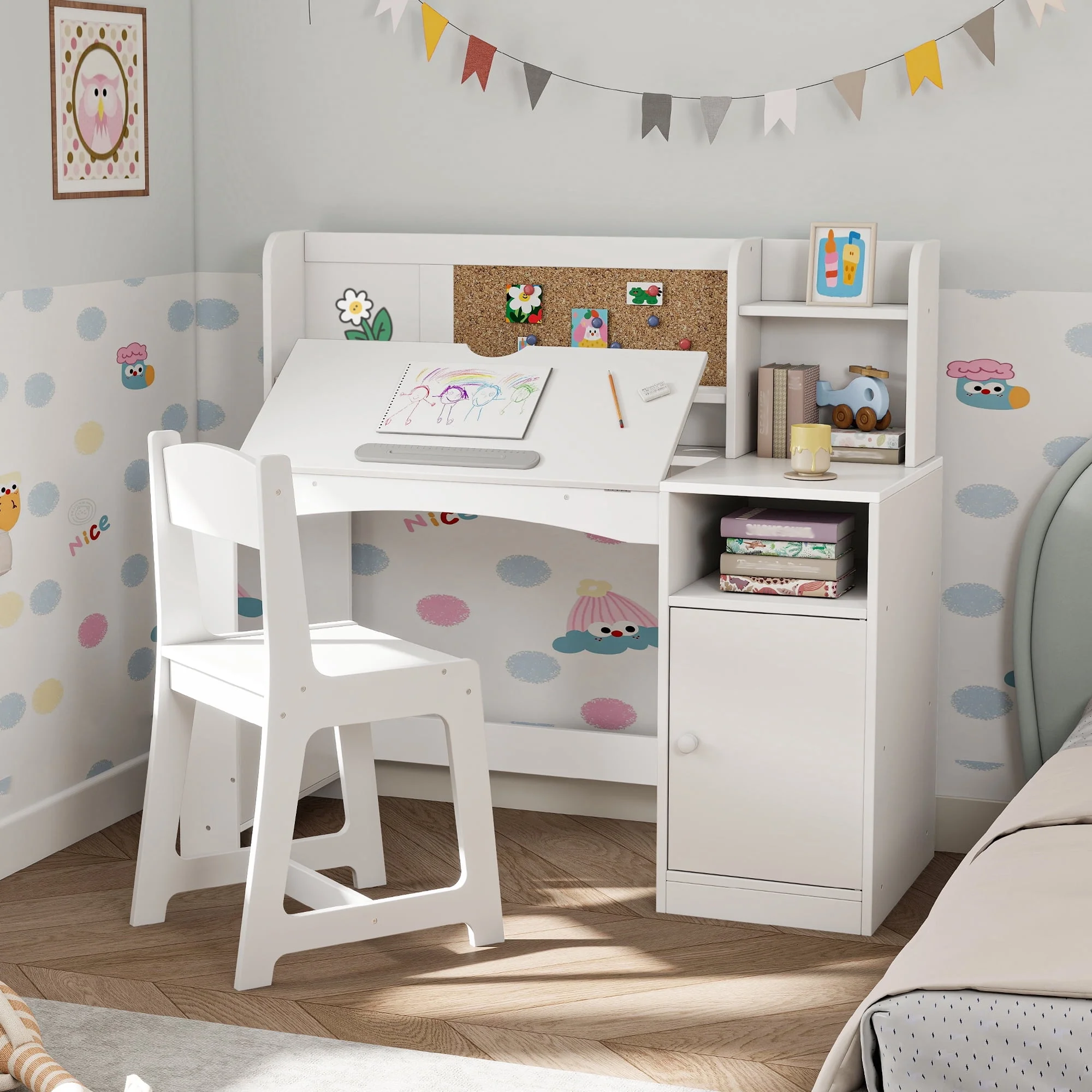 Reasea Kids Study Desk and Chair Set with Tiltable Desktop, Hutch & Storage - Wooden Writing Table for Ages 5-12