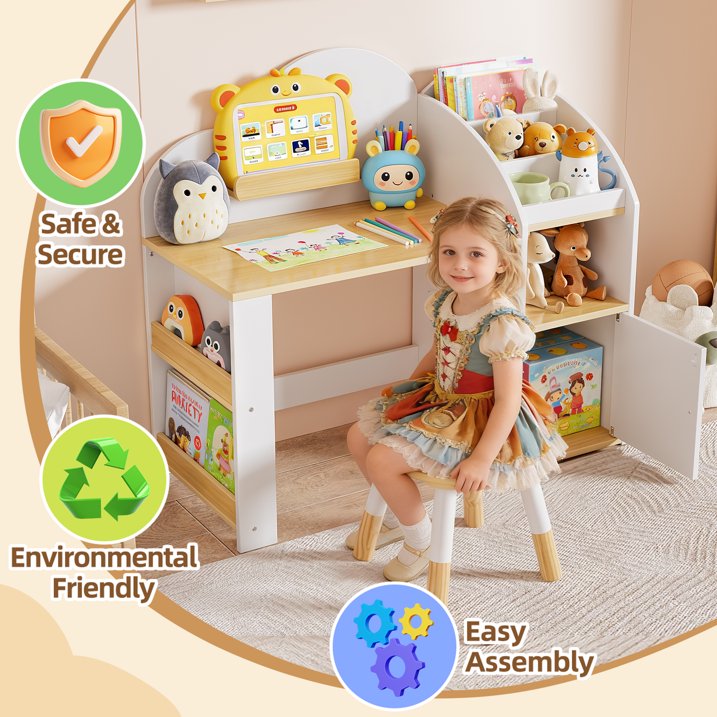 Reasea Kids Wooden Desk & Chair Set with Storage Cabinets & Bookshelves, Children Study Writing Drawing Table