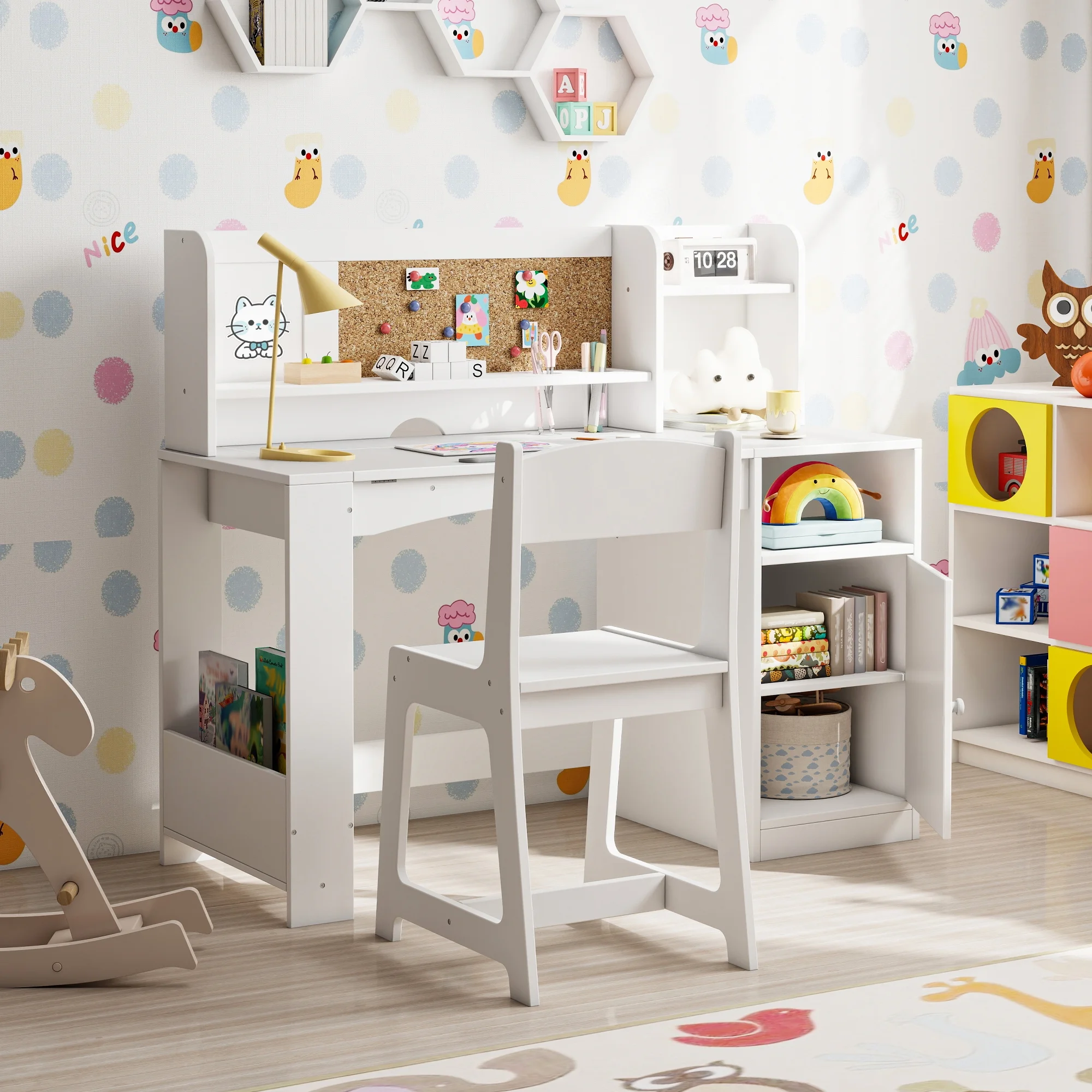 Reasea Kids Study Desk and Chair Set with Tiltable Desktop, Hutch & Storage - Wooden Writing Table for Ages 5-12