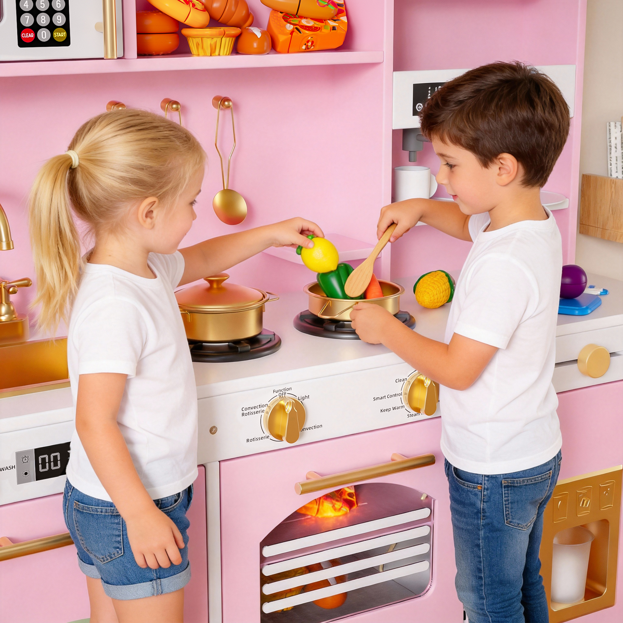Reasea Play Kitchen for Kids, Wooden Kids Kitchen Playset with Realistic Lights & Sounds, Toy Kitchen Set with Smart Storage & Fun Accessories, Gift for Ages 3+, Pink