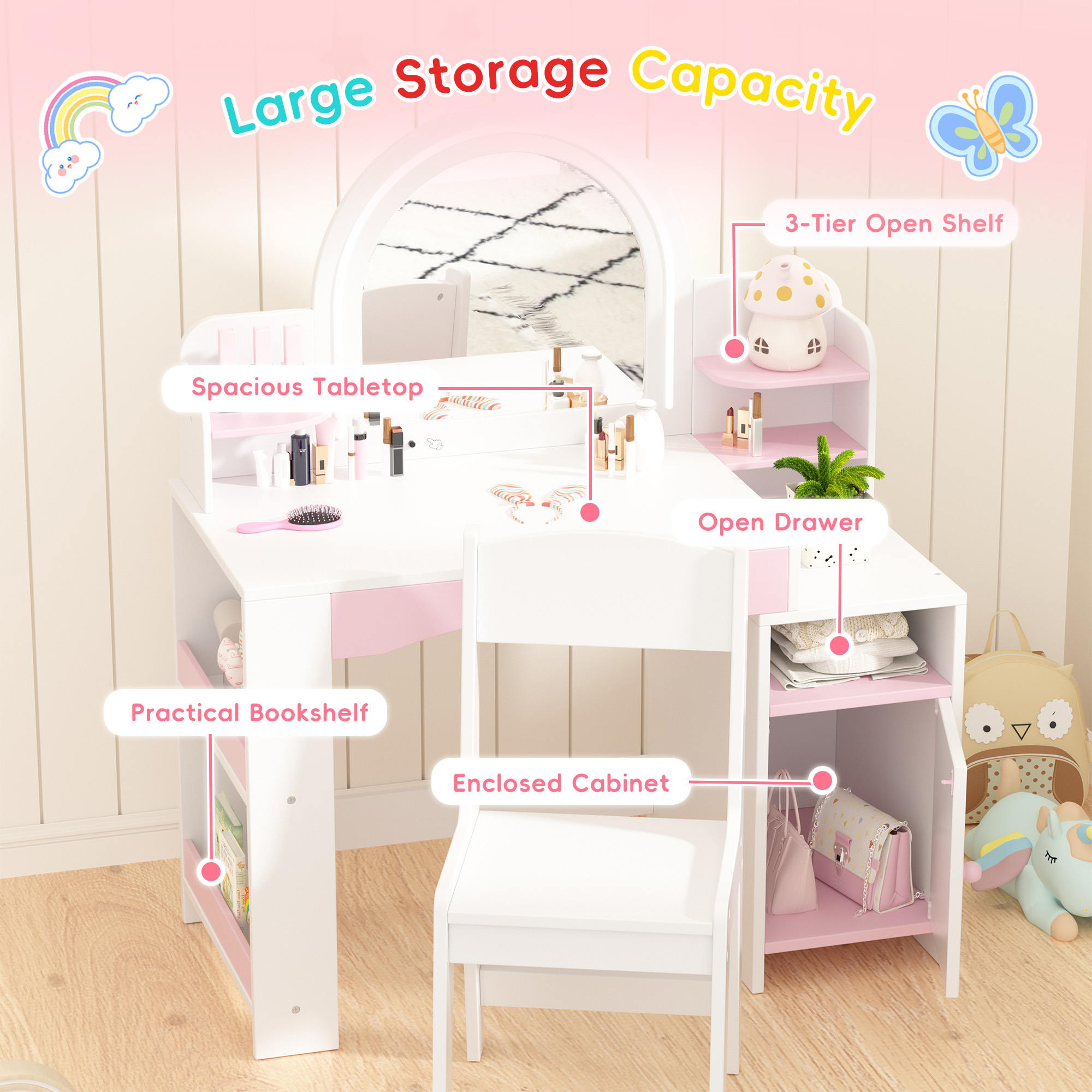 Kids Vanity Table with Mirror, 2 in 1 Girls Vanity Set with Jewelry Storage, Princess Makeup Vanity Desk & Chair Set with Open Shelves, Wooden Pretend Playset
