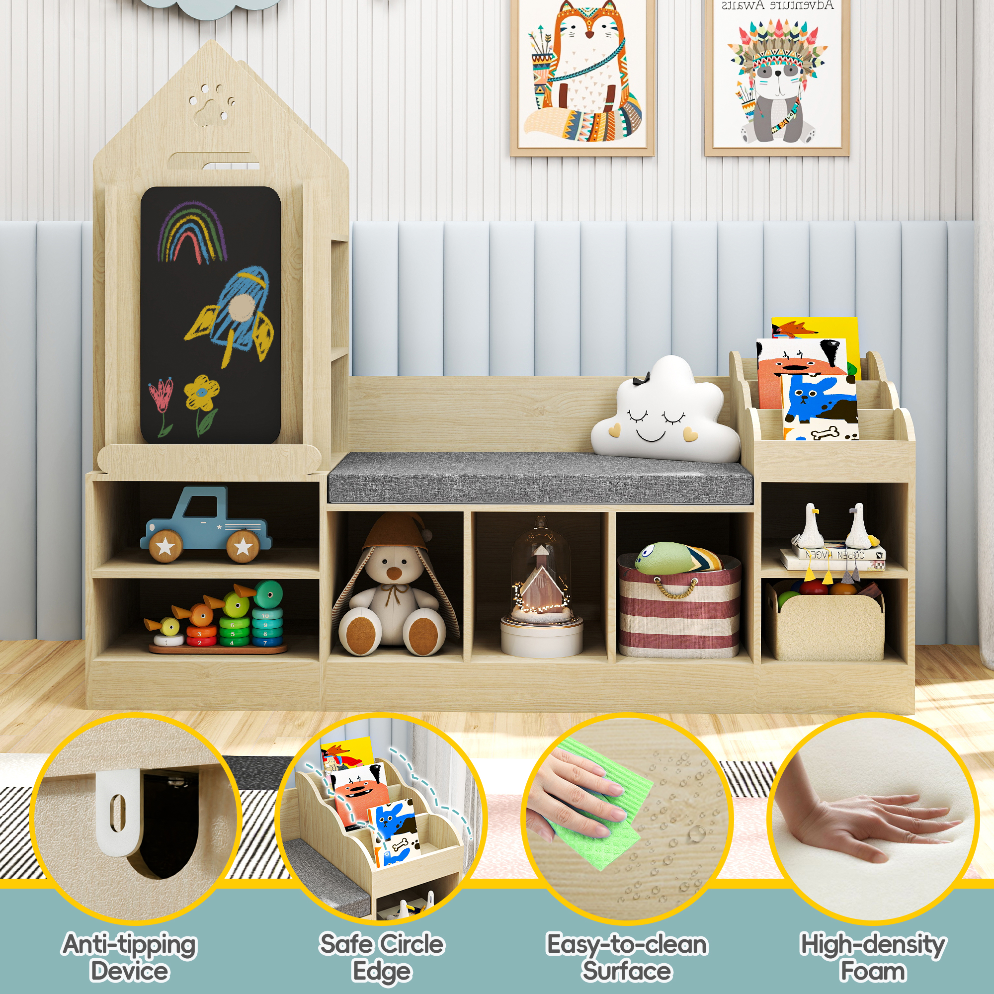 Reasea Kids Bookshelf with Reading Corner, Wooden Toy Organizer with Bench and Chalkboard, Toddler Toy Storage for Bedroom, Nursery, or Playroom, Natural Oak Finish