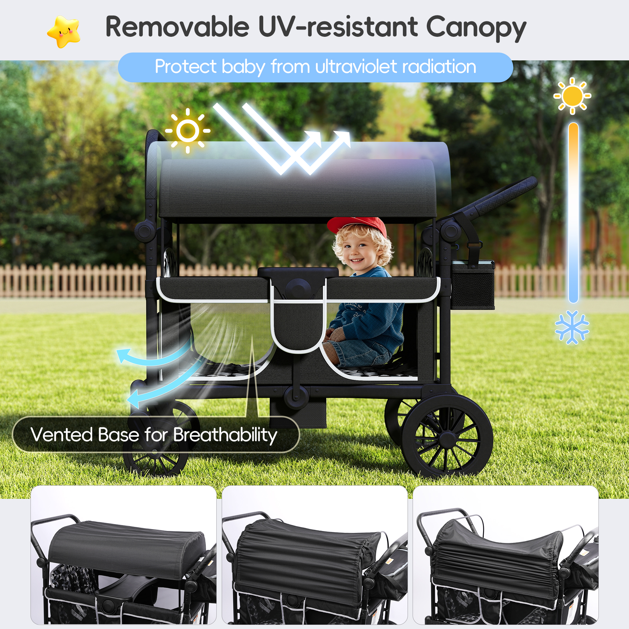 Reasea 4-Seater Foldable Stroller Wagon for Kids, with Canopy, Adjustable Handlebar, 5-Point Safety Harness, Removable Snack Tray & Carry Bag