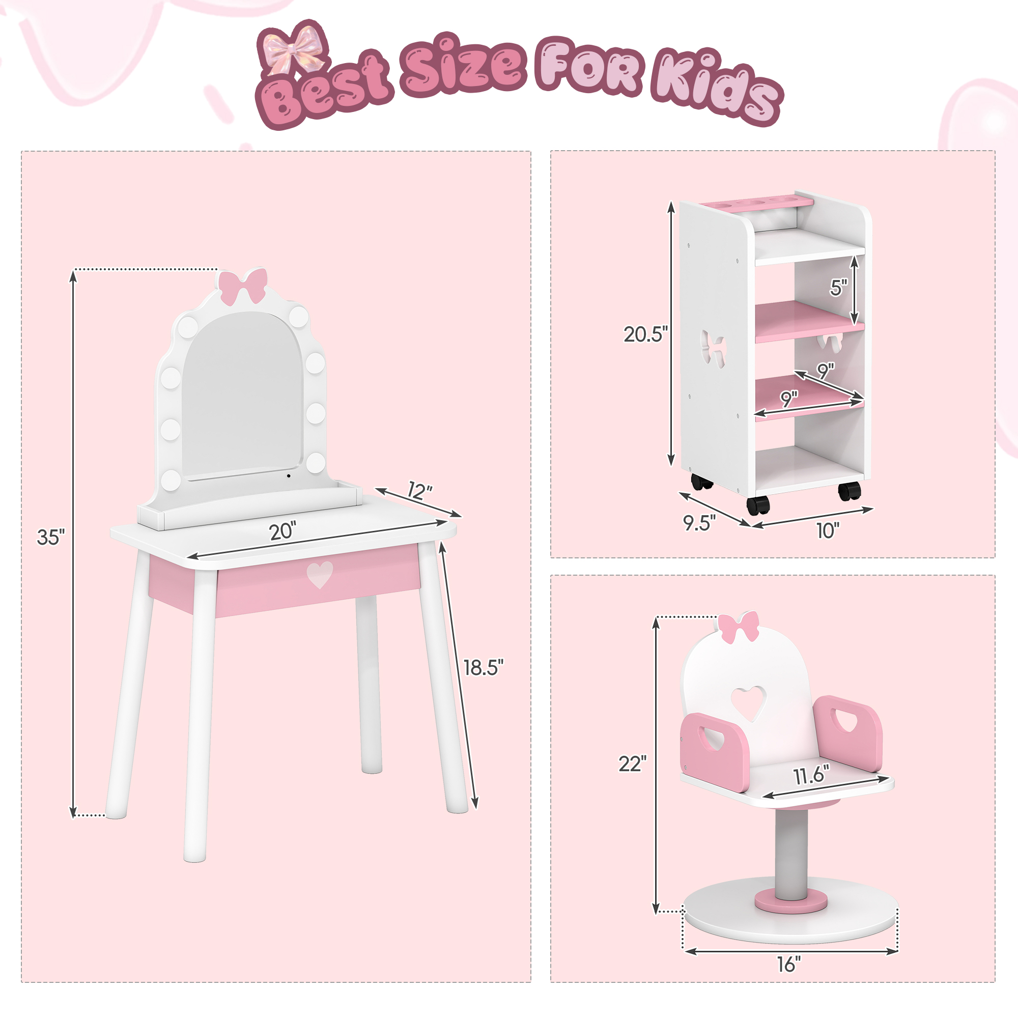 Reasea Kids Vanity Set with Light & Barber Chair, Pretend Play Makeup Dressing Table with Storage Shelf, 7 Pcs Hair Salon Accessories