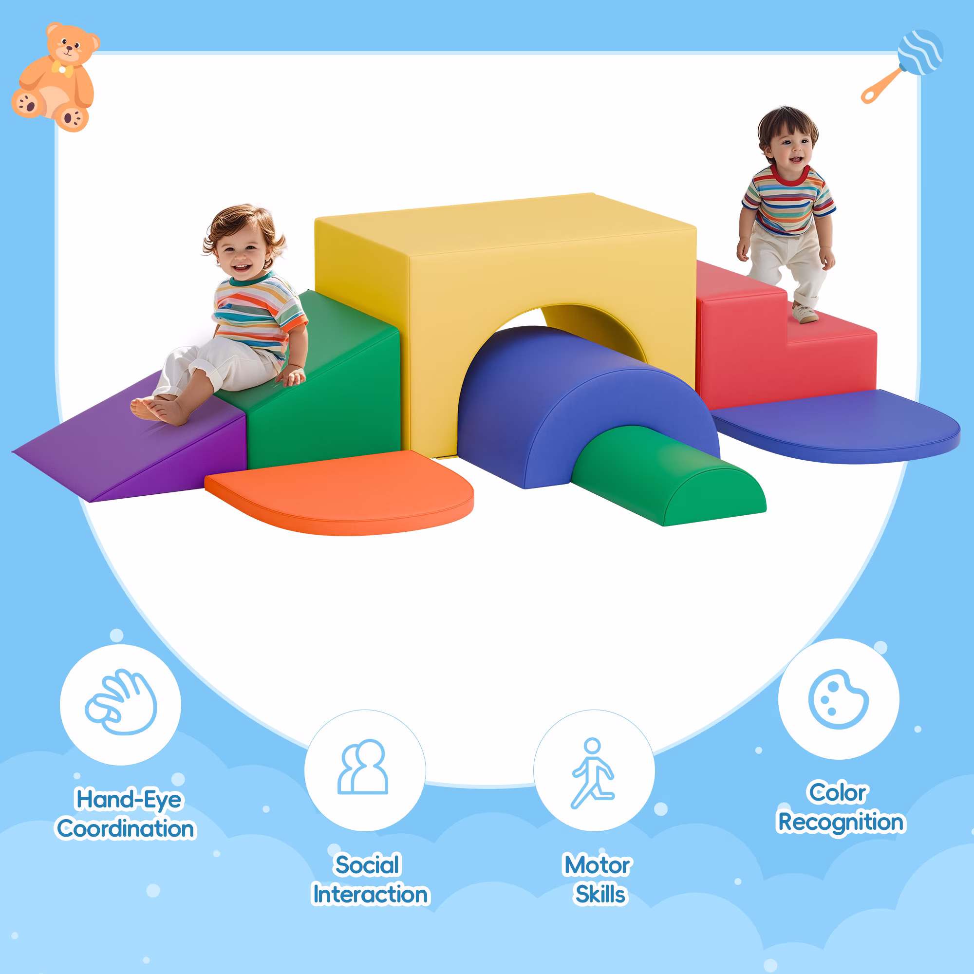 Reasea 7 PCS Foam Climbing Blocks for Toddlers 1-3, Climb and Crawl Activity Playset, Soft Foam Climber, Classic