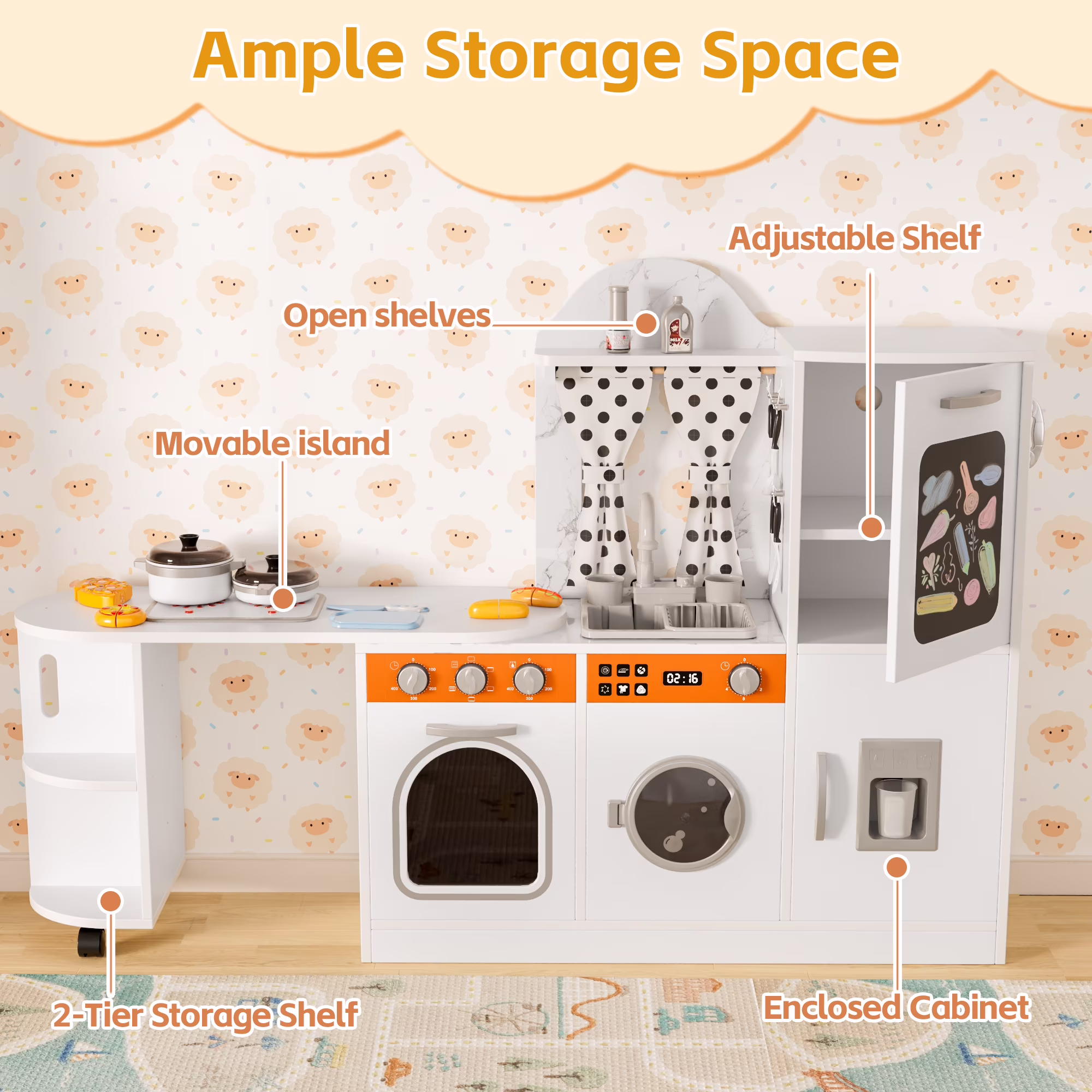 Reasea Play Kitchen, Wooden Kids Kitchen Playset with Realistic Lights and Sounds, Toddler Interative Toy Kitchen, White