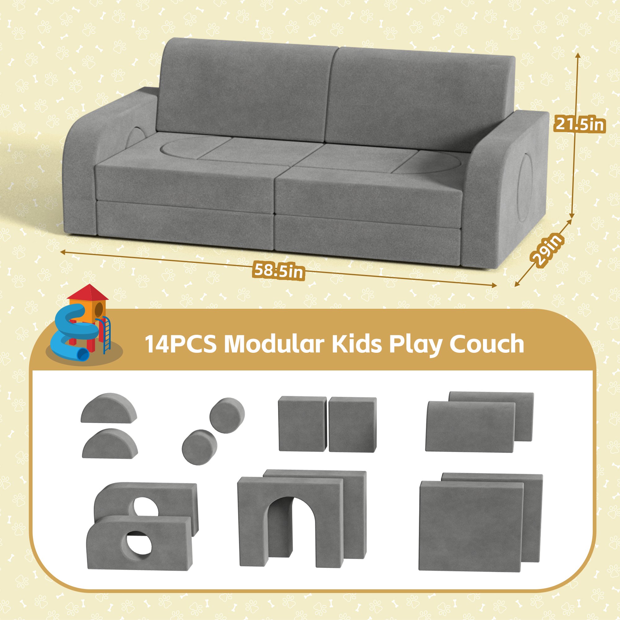 Reasea Modular Kids Play Couch, Child Sectional Sofa, Versatile Foam Couch 14 PCS, Gray