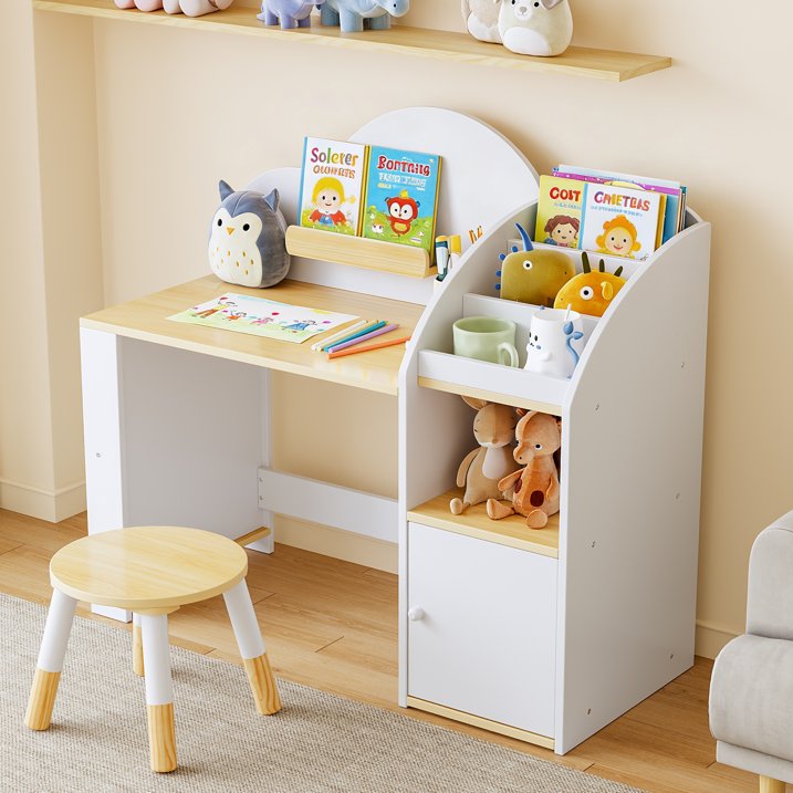 Reasea Kids Wooden Desk & Chair Set with Storage Cabinets & Bookshelves, Children Study Writing Drawing Table