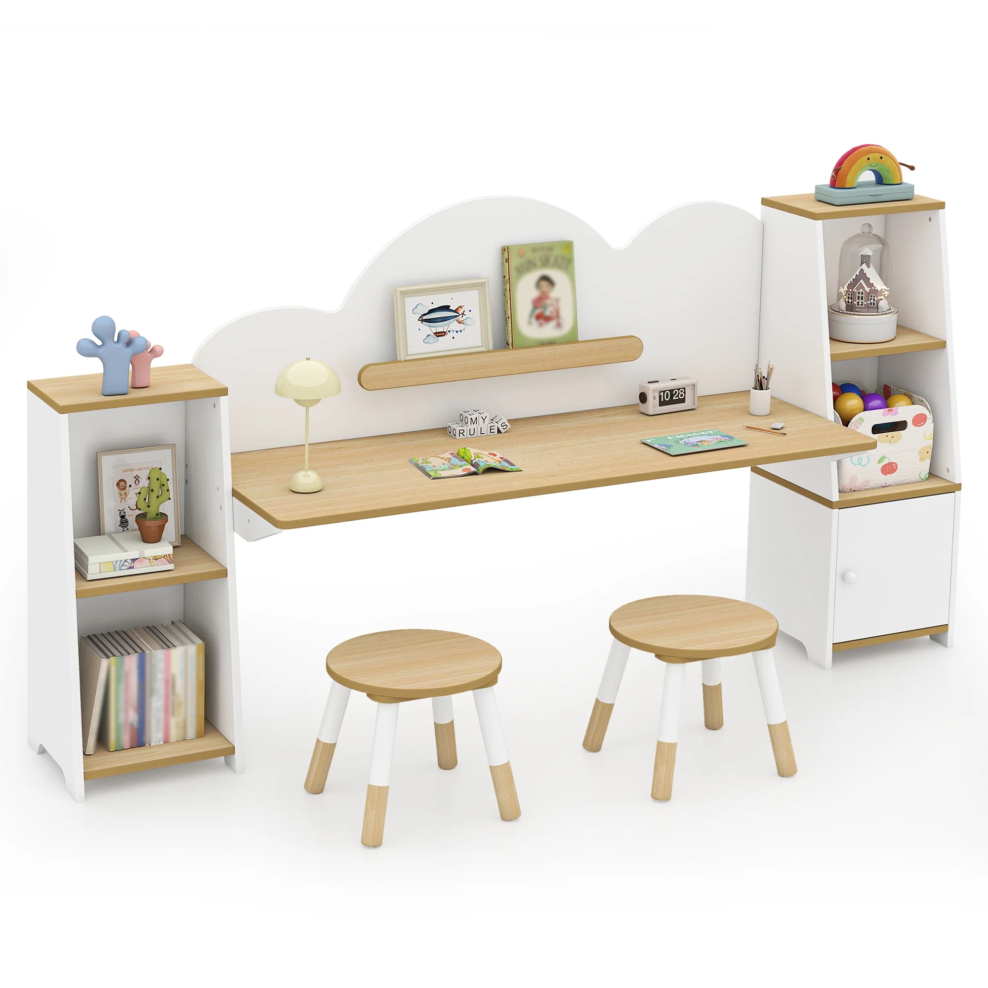 Reasea Wooden Kids Double Study Desk and Chair Set, Extra Large Children Writing Table, Student Study Table, Kids Desk with Book & Toy Storage