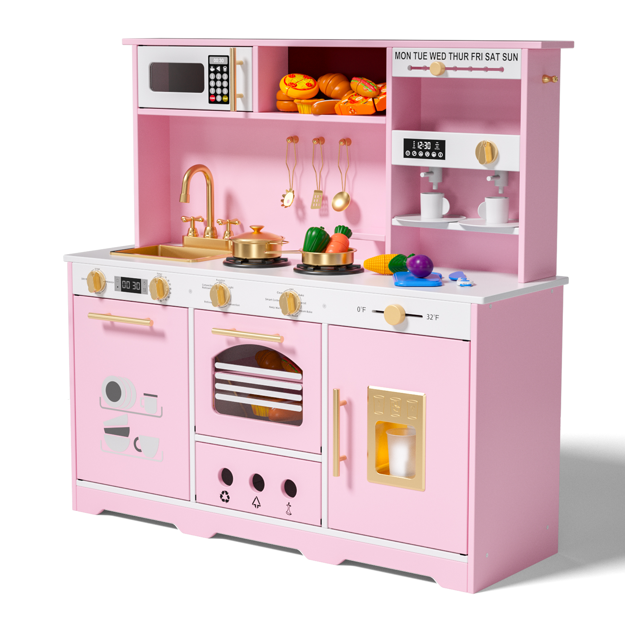 Reasea Play Kitchen for Kids, Wooden Kids Kitchen Playset with Realistic Lights & Sounds, Toy Kitchen Set with Smart Storage & Fun Accessories, Gift for Ages 3+, Pink