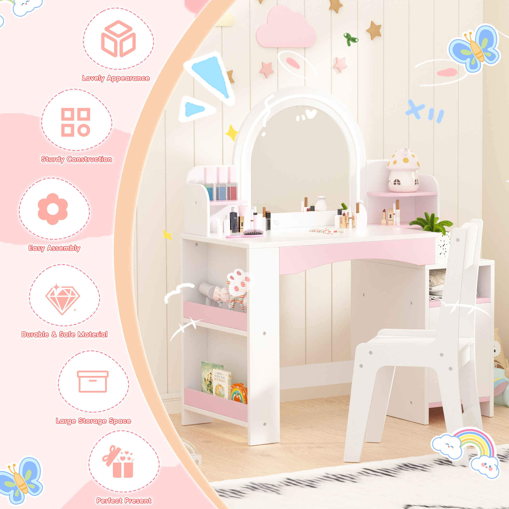 Kids Vanity Table with Mirror, 2 in 1 Girls Vanity Set with Jewelry Storage, Princess Makeup Vanity Desk & Chair Set with Open Shelves, Wooden Pretend Playset