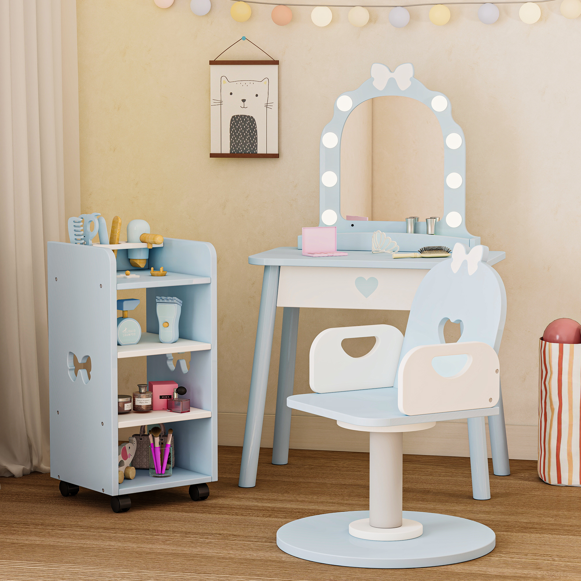 Reasea Kids Vanity Set with Light & Barber Chair, Pretend Play Makeup Dressing Table with Storage Shelf, 7 Pcs Hair Salon Accessories