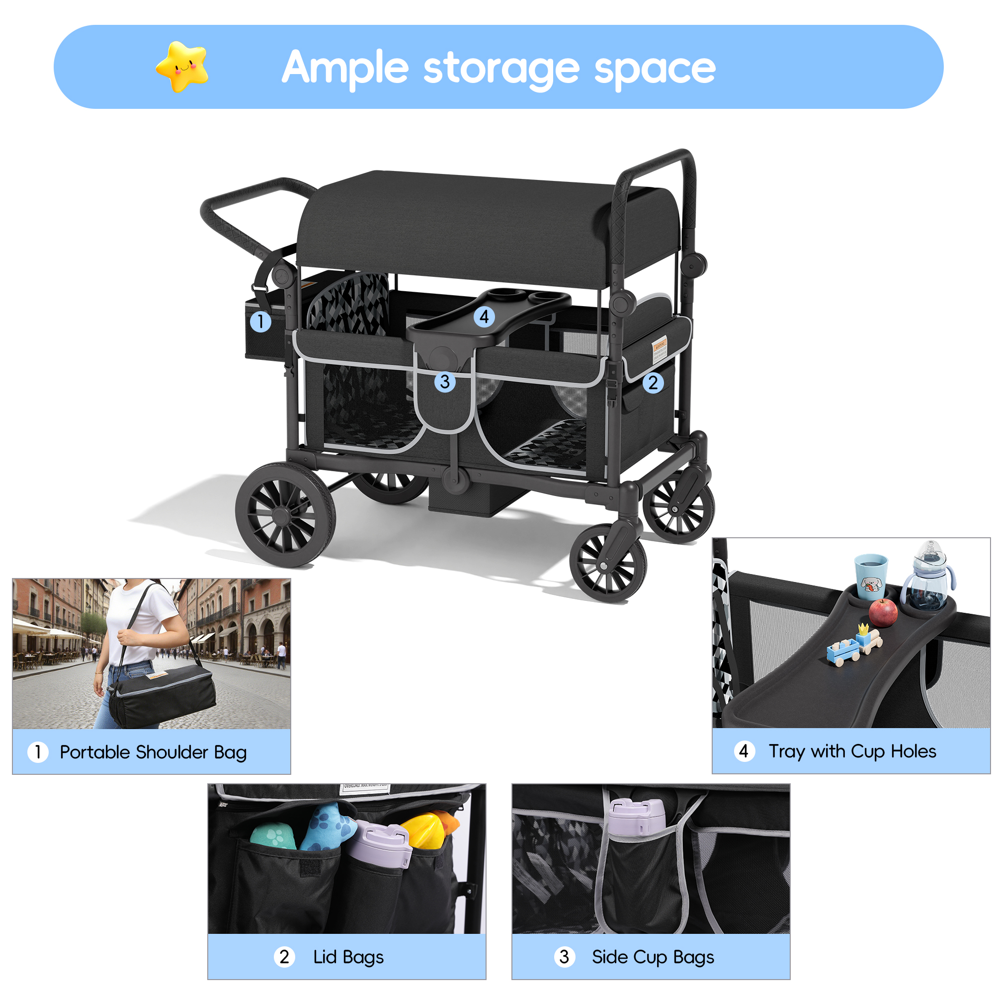Reasea 4-Seater Foldable Stroller Wagon for Kids, with Canopy, Adjustable Handlebar, 5-Point Safety Harness, Removable Snack Tray & Carry Bag