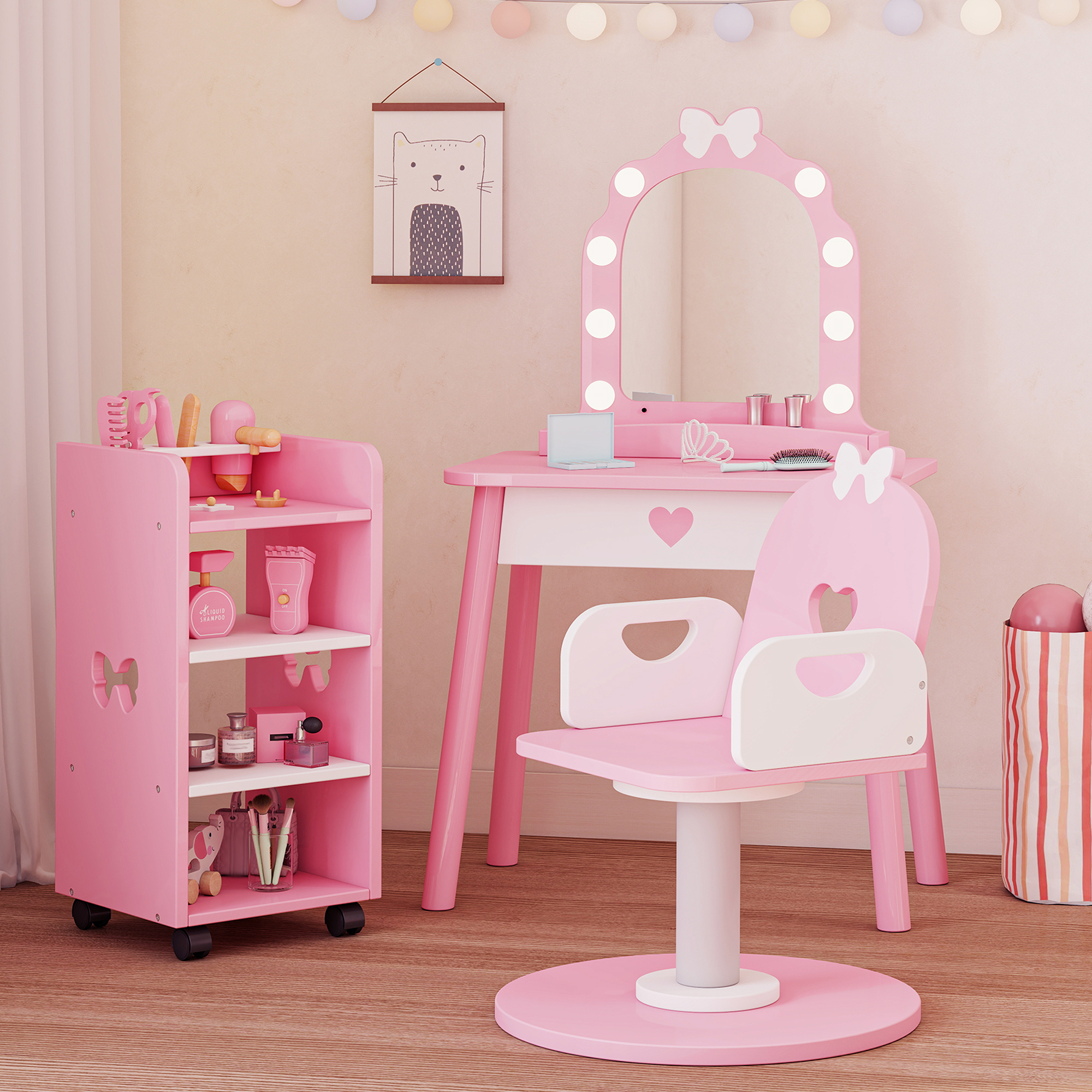 Reasea Kids Vanity Set with Light & Barber Chair, Pretend Play Makeup Dressing Table with Storage Shelf, 7 Pcs Hair Salon Accessories
