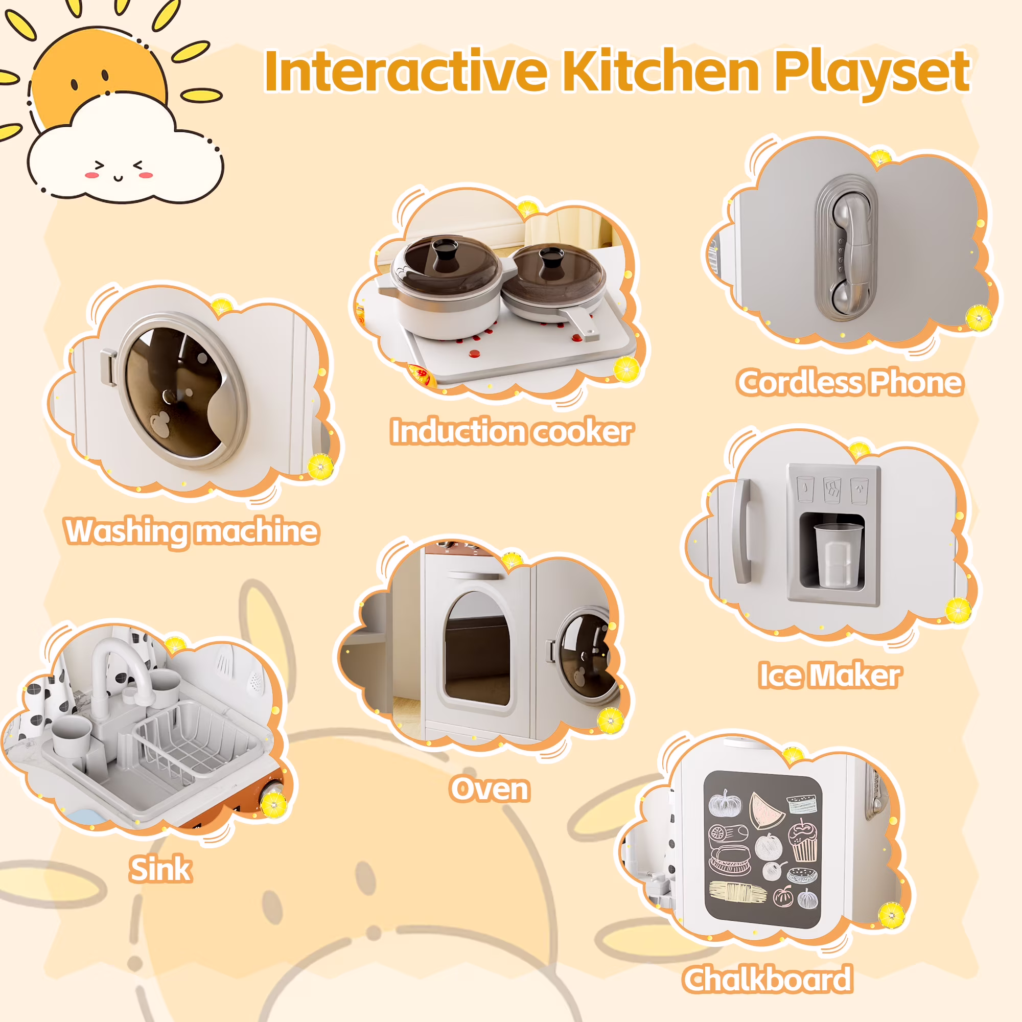 Reasea Play Kitchen, Wooden Kids Kitchen Playset with Realistic Lights and Sounds, Toddler Interative Toy Kitchen, White