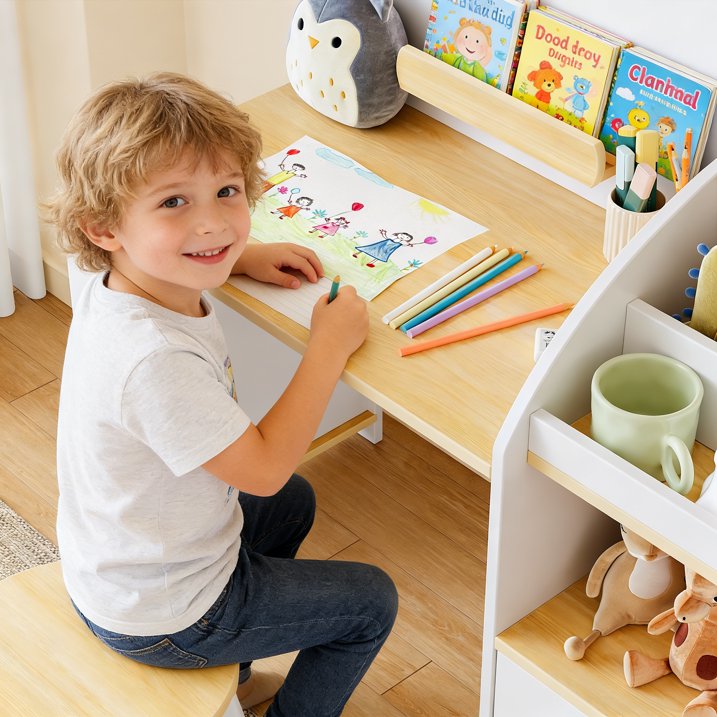 Reasea Kids Wooden Desk & Chair Set with Storage Cabinets & Bookshelves, Children Study Writing Drawing Table