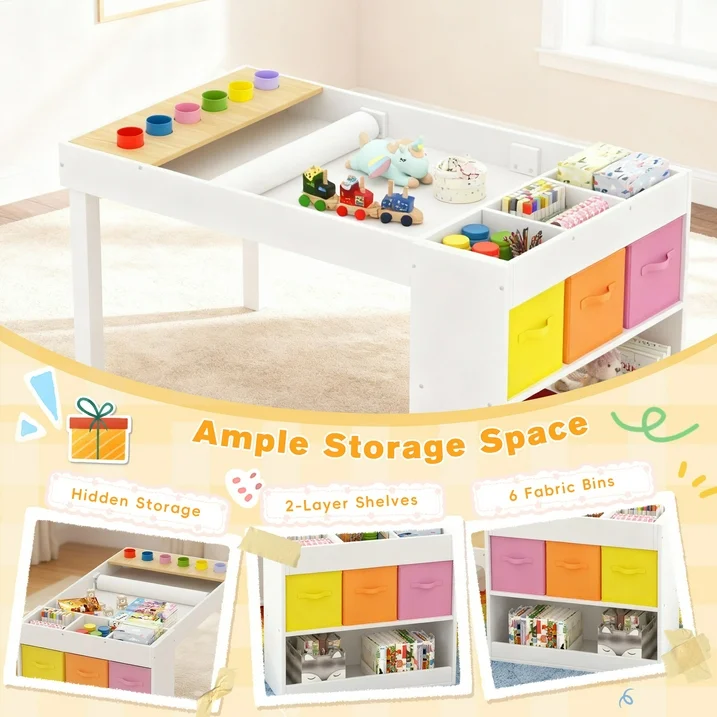 Reasea Kids Art Table and Chair Set,Kids Craft Table with Storage,6 Pen Holders,Paper Roll Holder