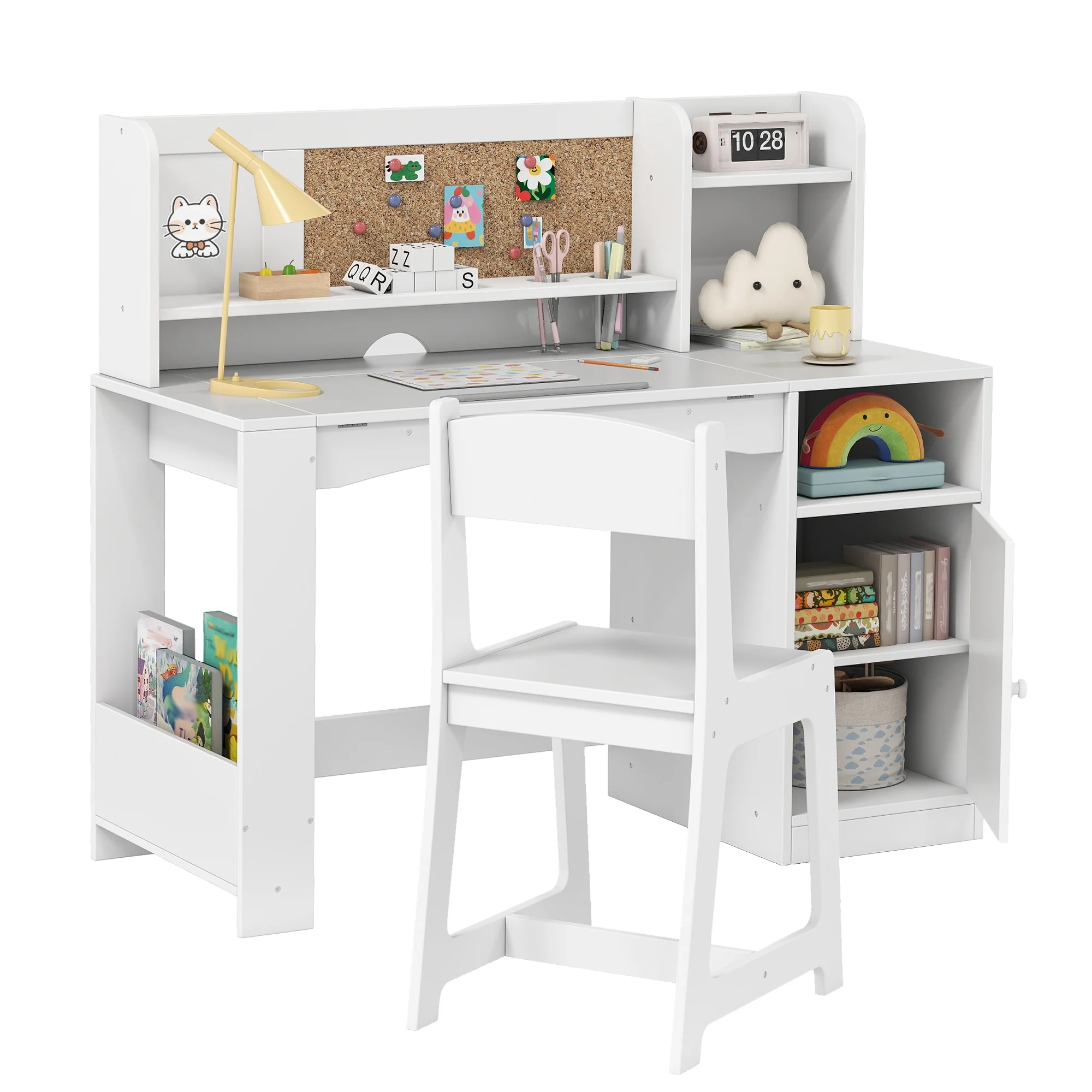 Reasea Kids Study Desk and Chair Set with Tiltable Desktop, Hutch & Storage - Wooden Writing Table for Ages 5-12