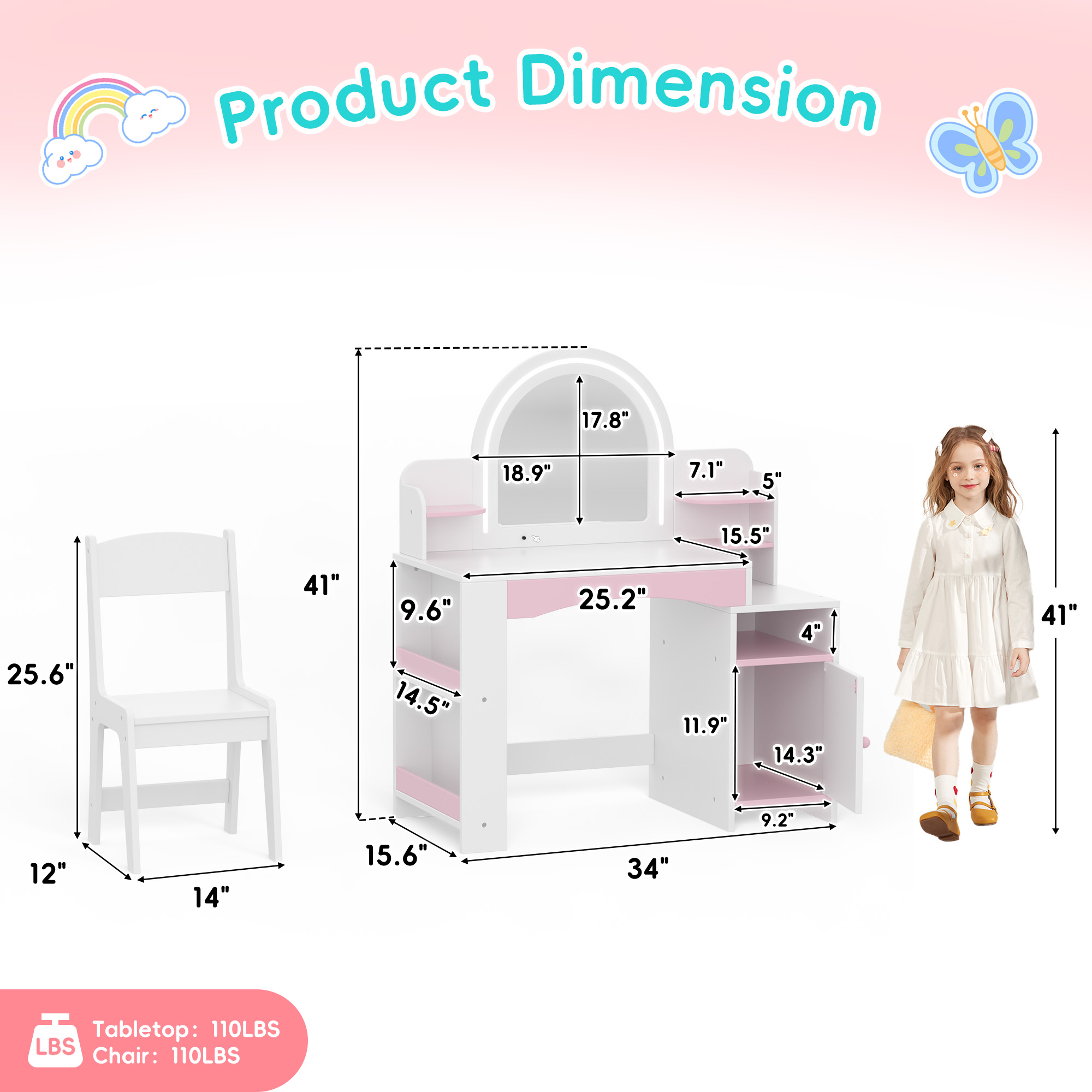 Kids Vanity Table with Mirror, 2 in 1 Girls Vanity Set with Jewelry Storage, Princess Makeup Vanity Desk & Chair Set with Open Shelves, Wooden Pretend Playset