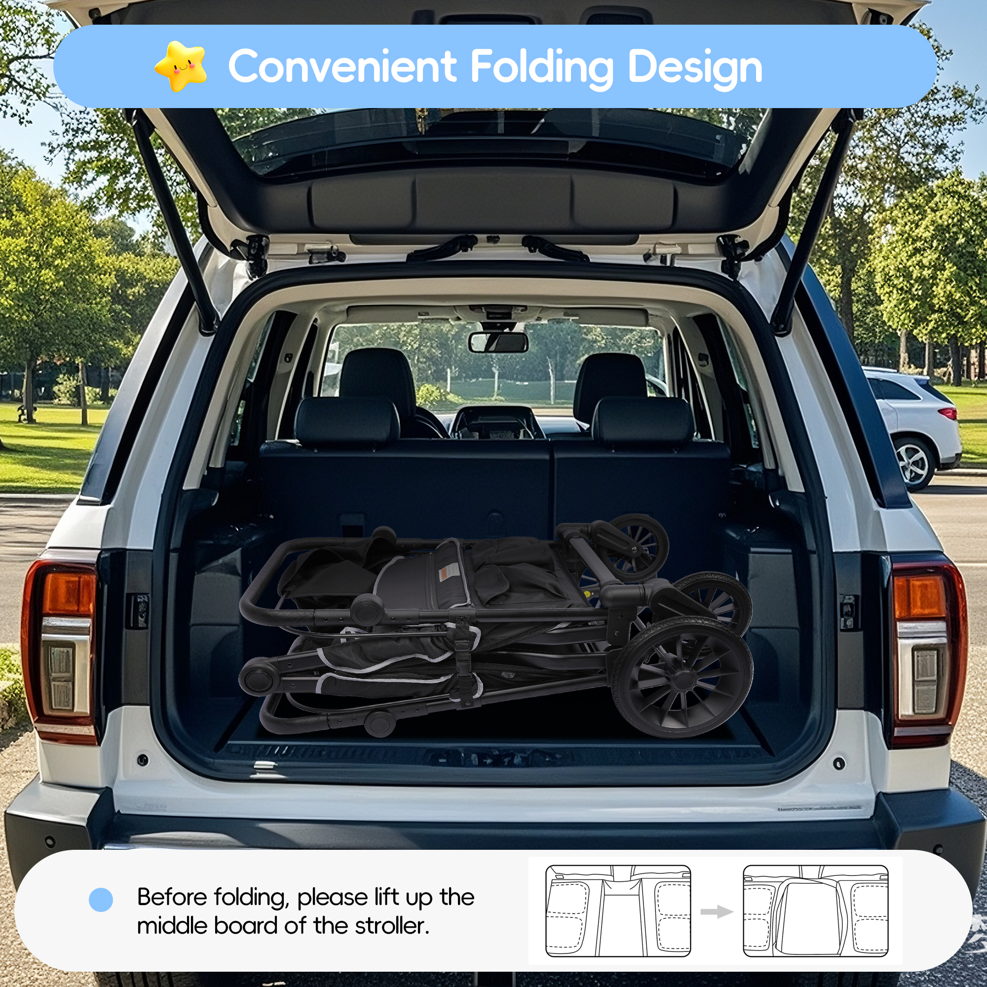 Reasea 4-Seater Foldable Stroller Wagon for Kids, with Canopy, Adjustable Handlebar, 5-Point Safety Harness, Removable Snack Tray & Carry Bag
