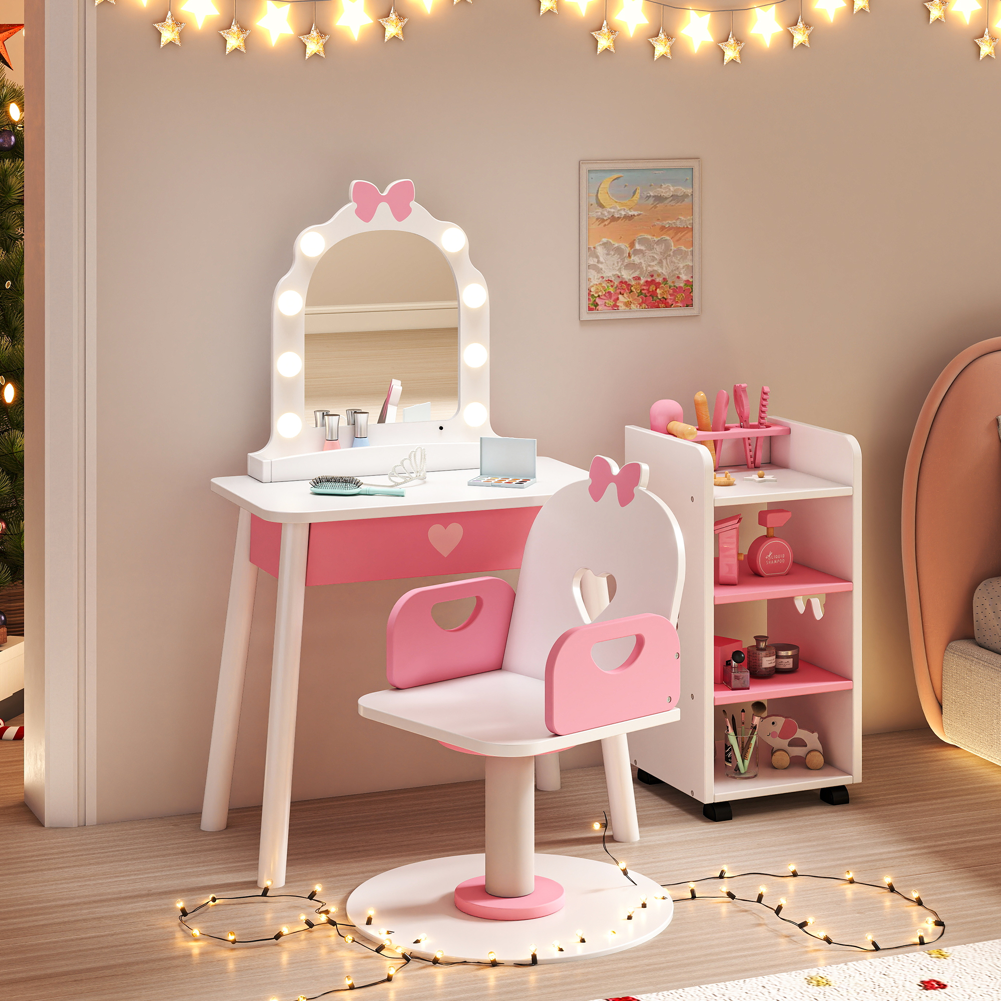 Reasea Kids Vanity Set with Light & Barber Chair, Pretend Play Makeup Dressing Table with Storage Shelf, 7 Pcs Hair Salon Accessories