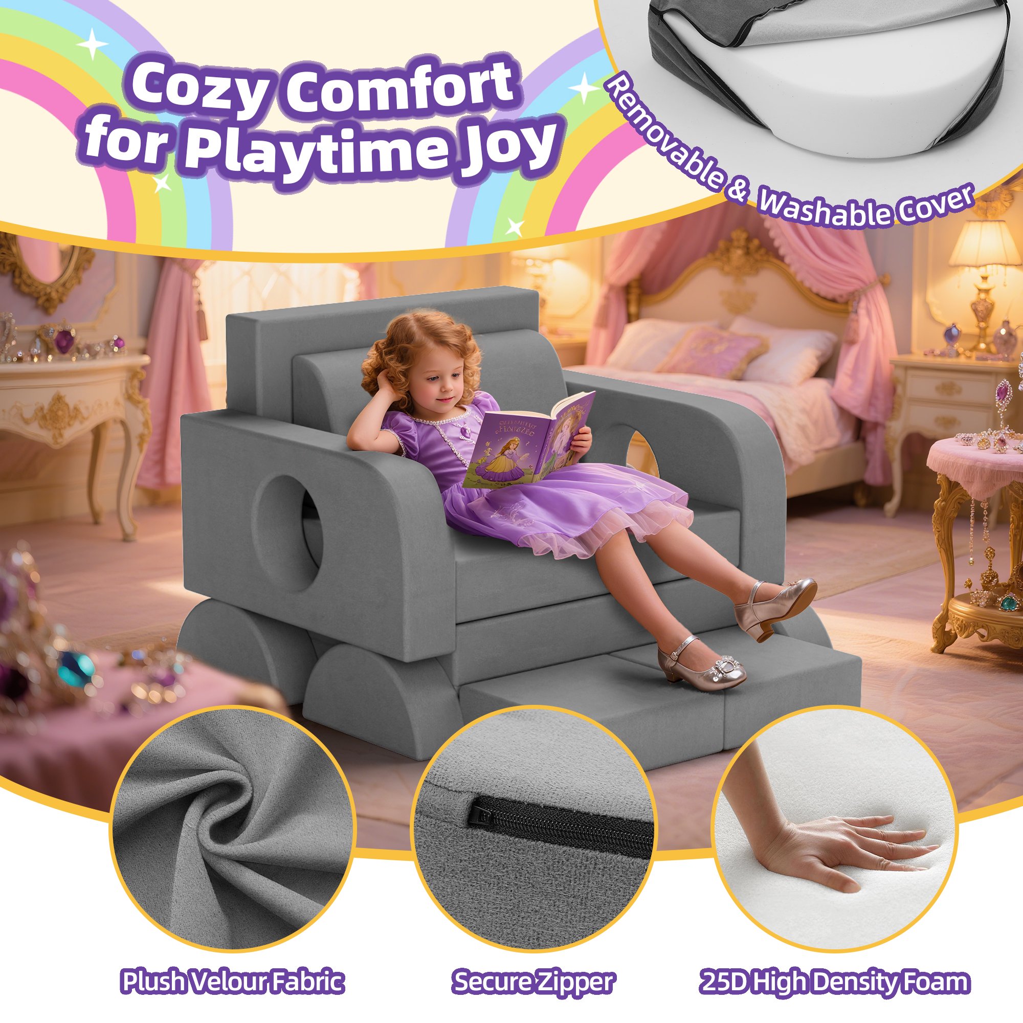Reasea Modular Kids Play Couch, Child Sectional Sofa, Versatile Foam Couch 14 PCS, Gray
