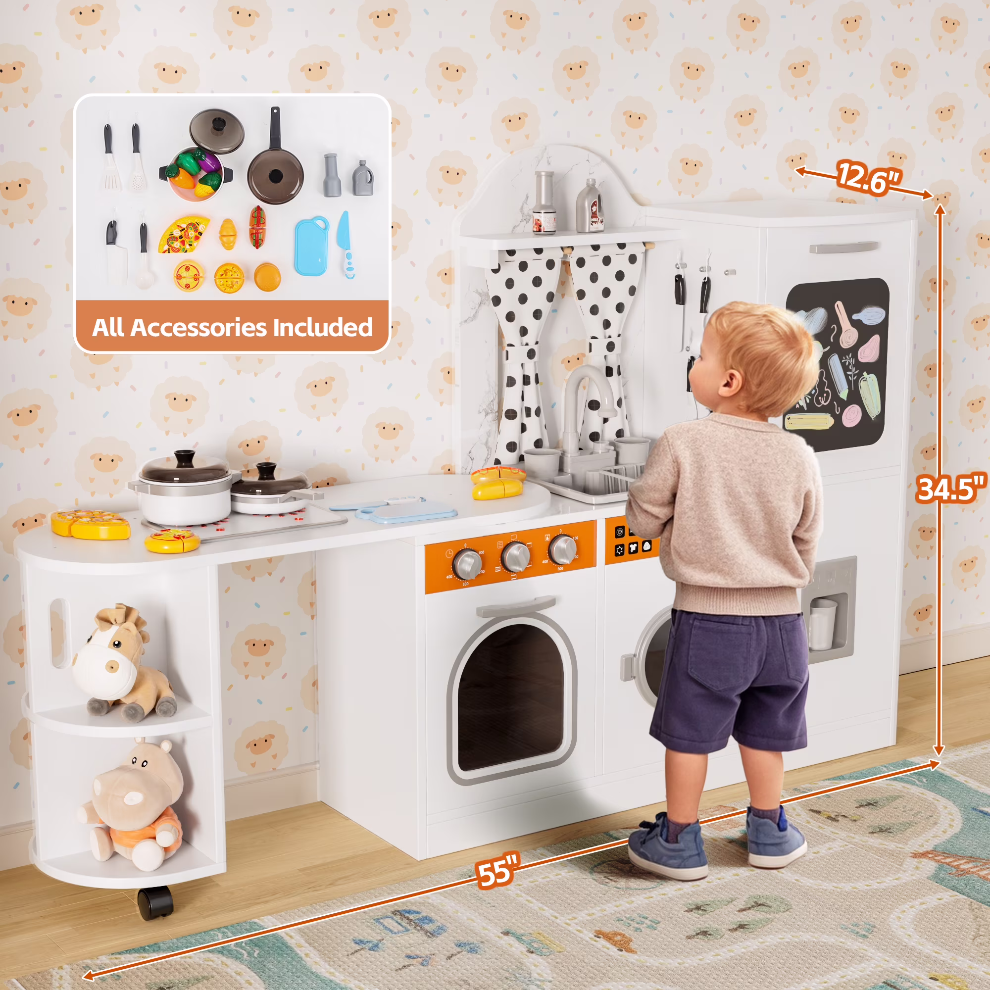 Reasea Play Kitchen, Wooden Kids Kitchen Playset with Realistic Lights and Sounds, Toddler Interative Toy Kitchen, White