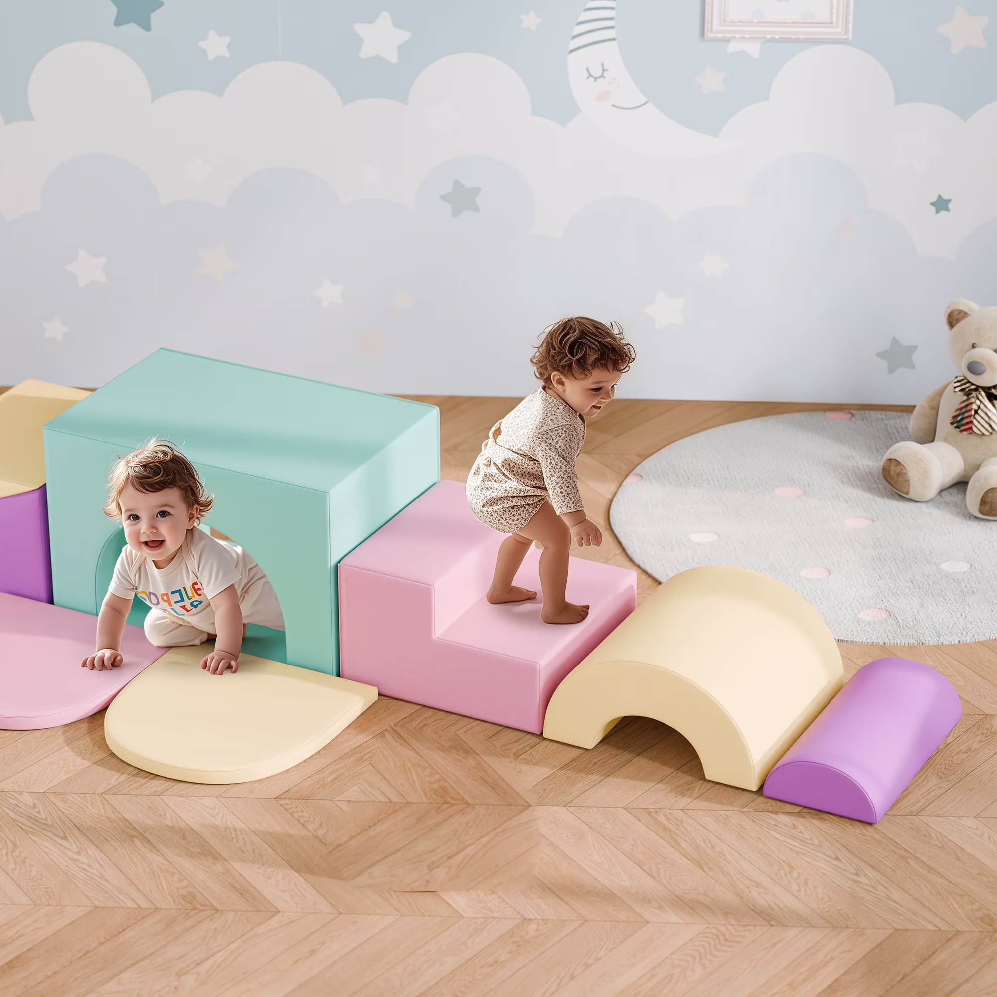 Reasea 7 PCS Foam Climbing Blocks for Toddlers 1-3, Climb and Crawl Activity Playset, Soft Foam Climber, Pink