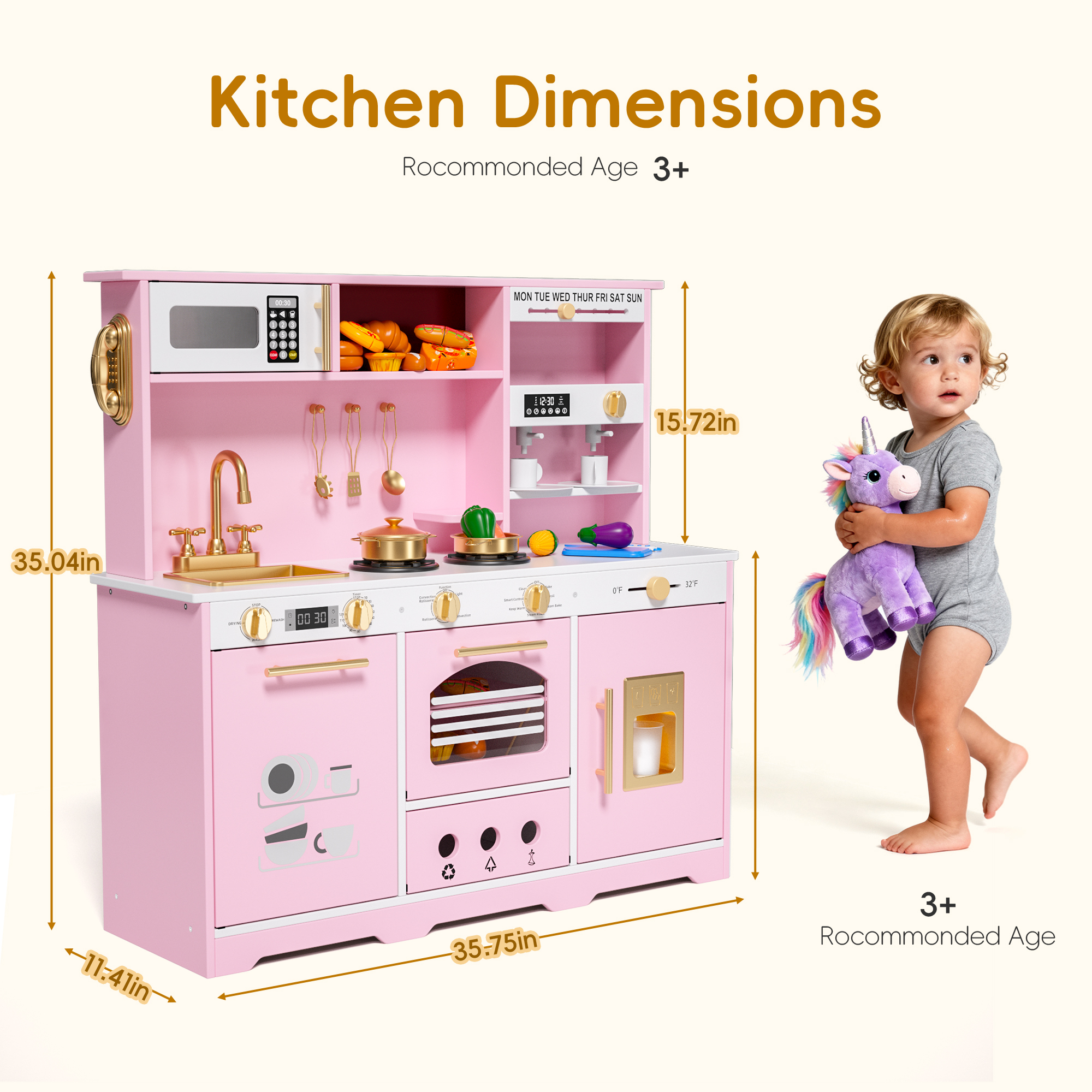 Reasea Play Kitchen for Kids, Wooden Kids Kitchen Playset with Realistic Lights & Sounds, Toy Kitchen Set with Smart Storage & Fun Accessories, Gift for Ages 3+, Pink
