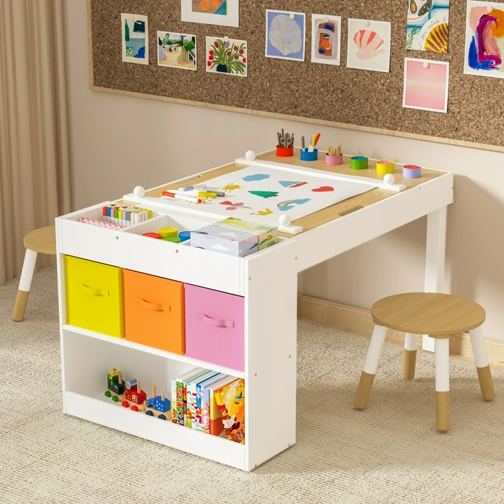Reasea Kids Art Table and Chair Set,Kids Craft Table with Storage,6 Pen Holders,Paper Roll Holder