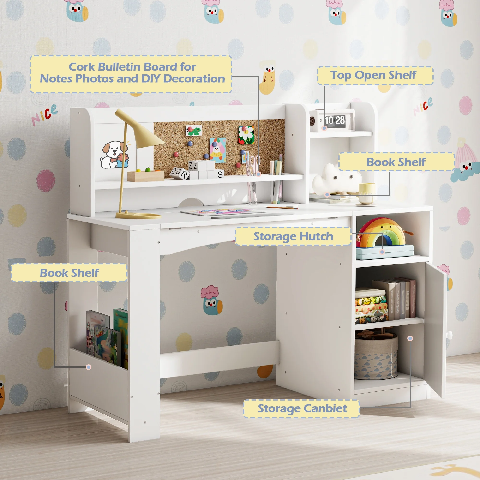 Reasea Kids Study Desk and Chair Set with Tiltable Desktop, Hutch & Storage - Wooden Writing Table for Ages 5-12