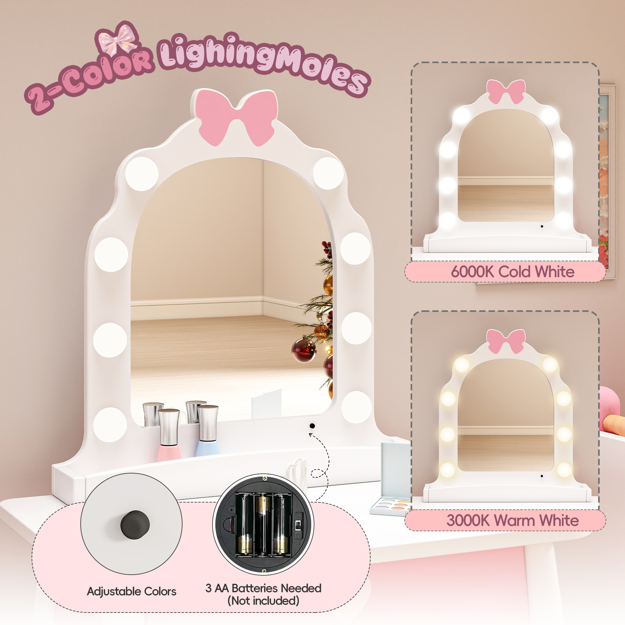 Reasea Kids Vanity Set with Light & Barber Chair, Pretend Play Makeup Dressing Table with Storage Shelf, 7 Pcs Hair Salon Accessories