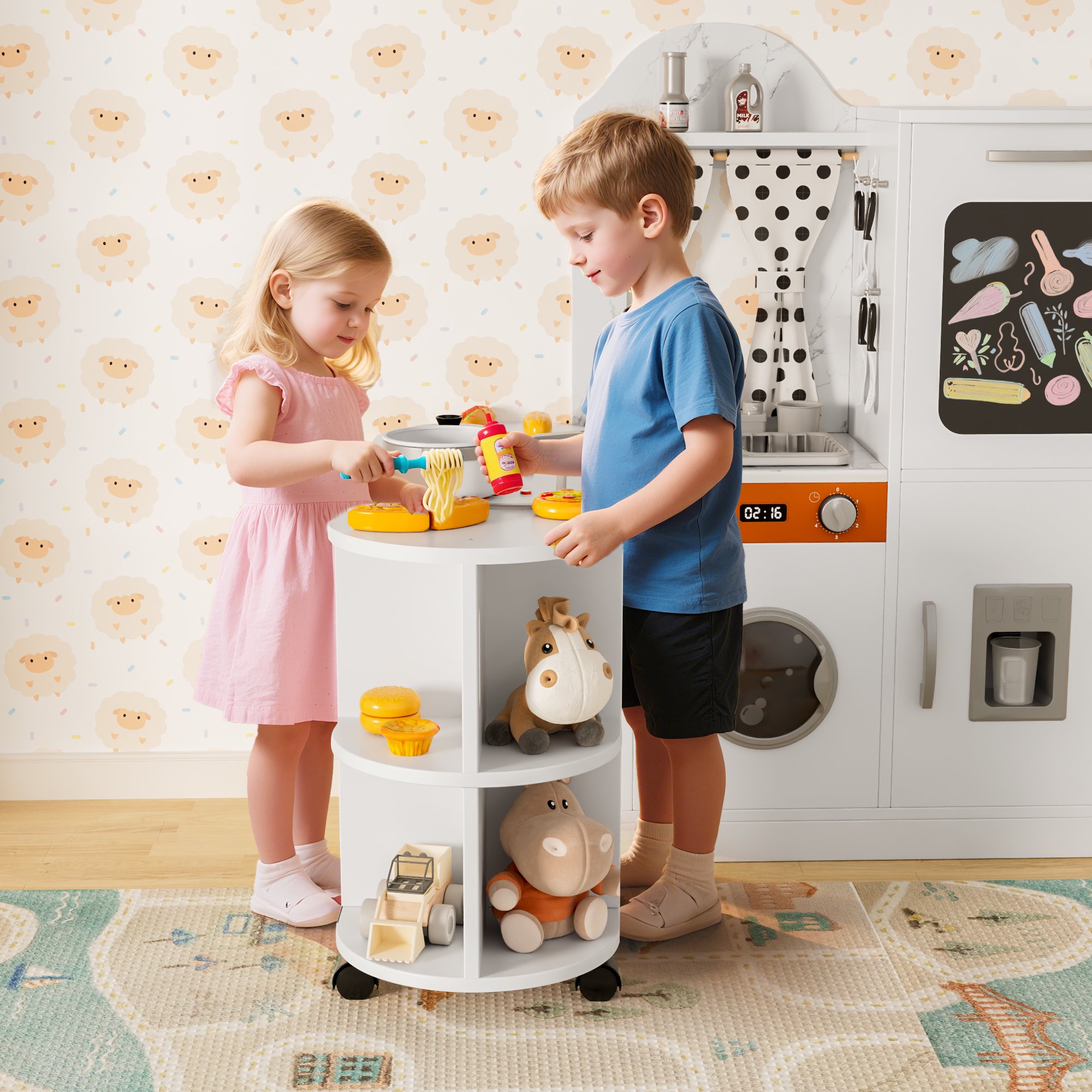 Reasea Play Kitchen, Wooden Kids Kitchen Playset with Realistic Lights and Sounds, Toddler Interative Toy Kitchen, White