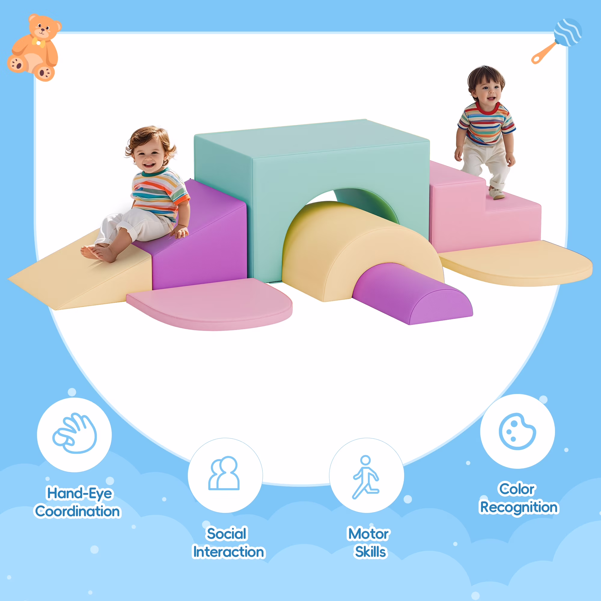 Reasea 7 PCS Foam Climbing Blocks for Toddlers 1-3, Climb and Crawl Activity Playset, Soft Foam Climber, Pink