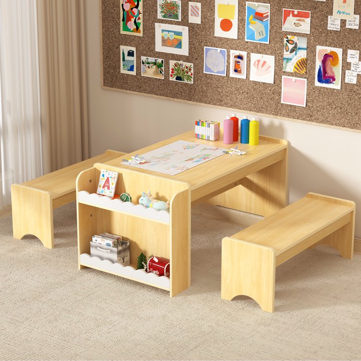 Reasea Wooden Kids Table and Chair Set, Montessori Activity Table with Storage, Toddler Craft Desk