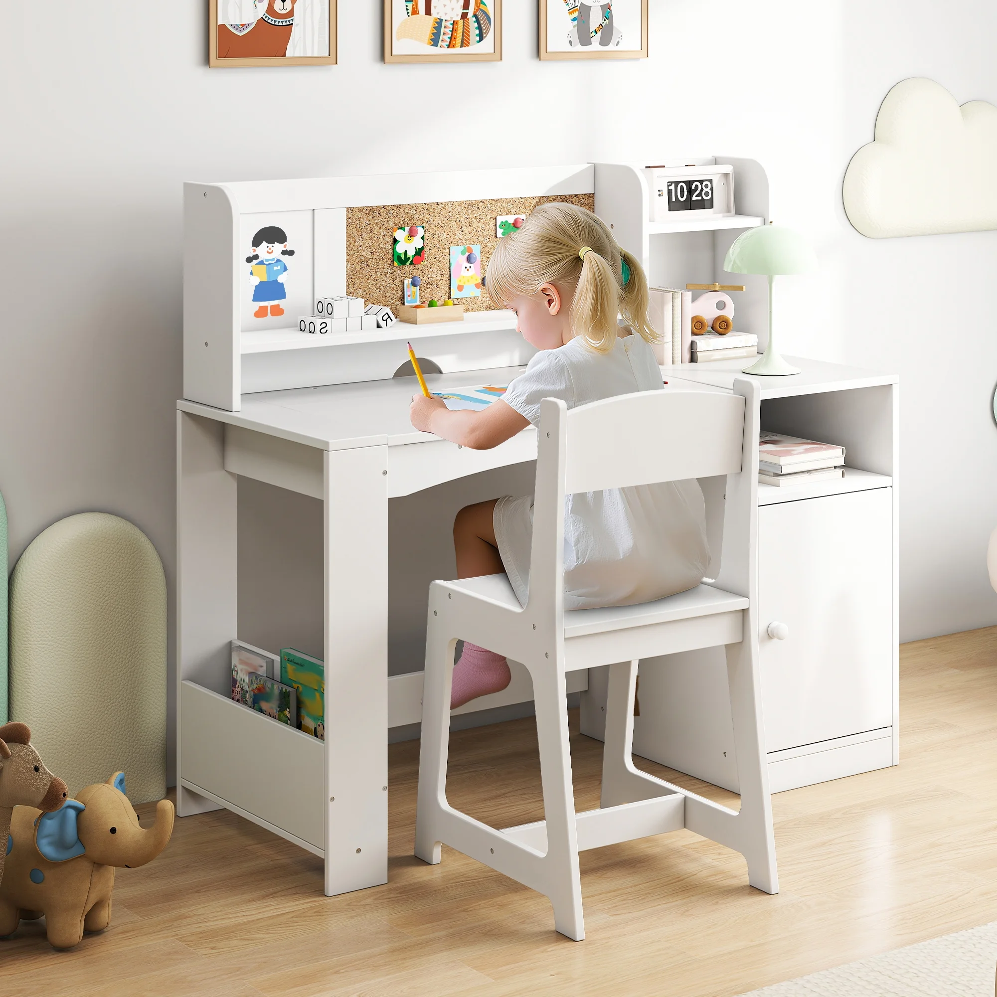 Reasea Kids Study Desk and Chair Set with Tiltable Desktop, Hutch & Storage - Wooden Writing Table for Ages 5-12