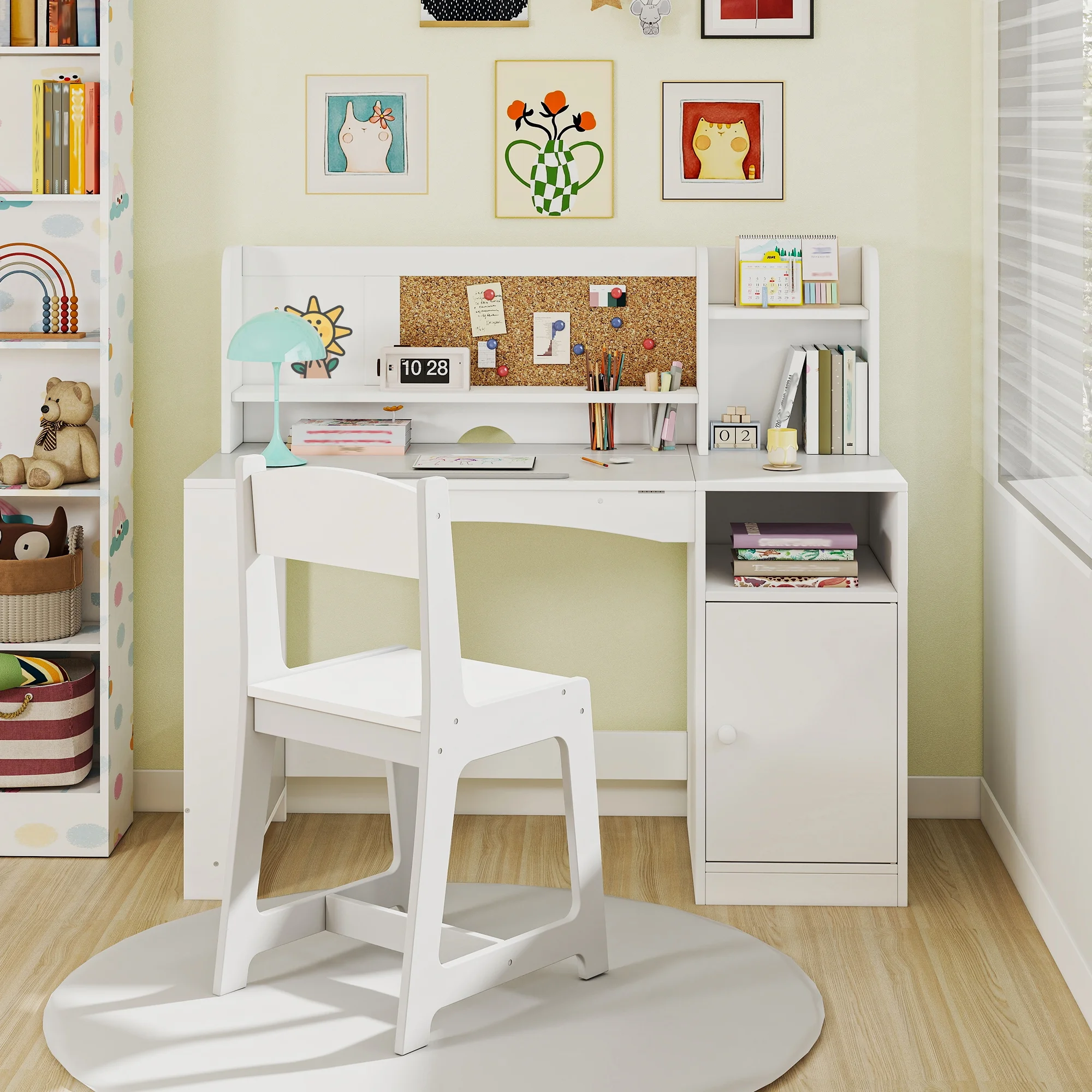 Reasea Kids Study Desk and Chair Set with Tiltable Desktop, Hutch & Storage - Wooden Writing Table for Ages 5-12