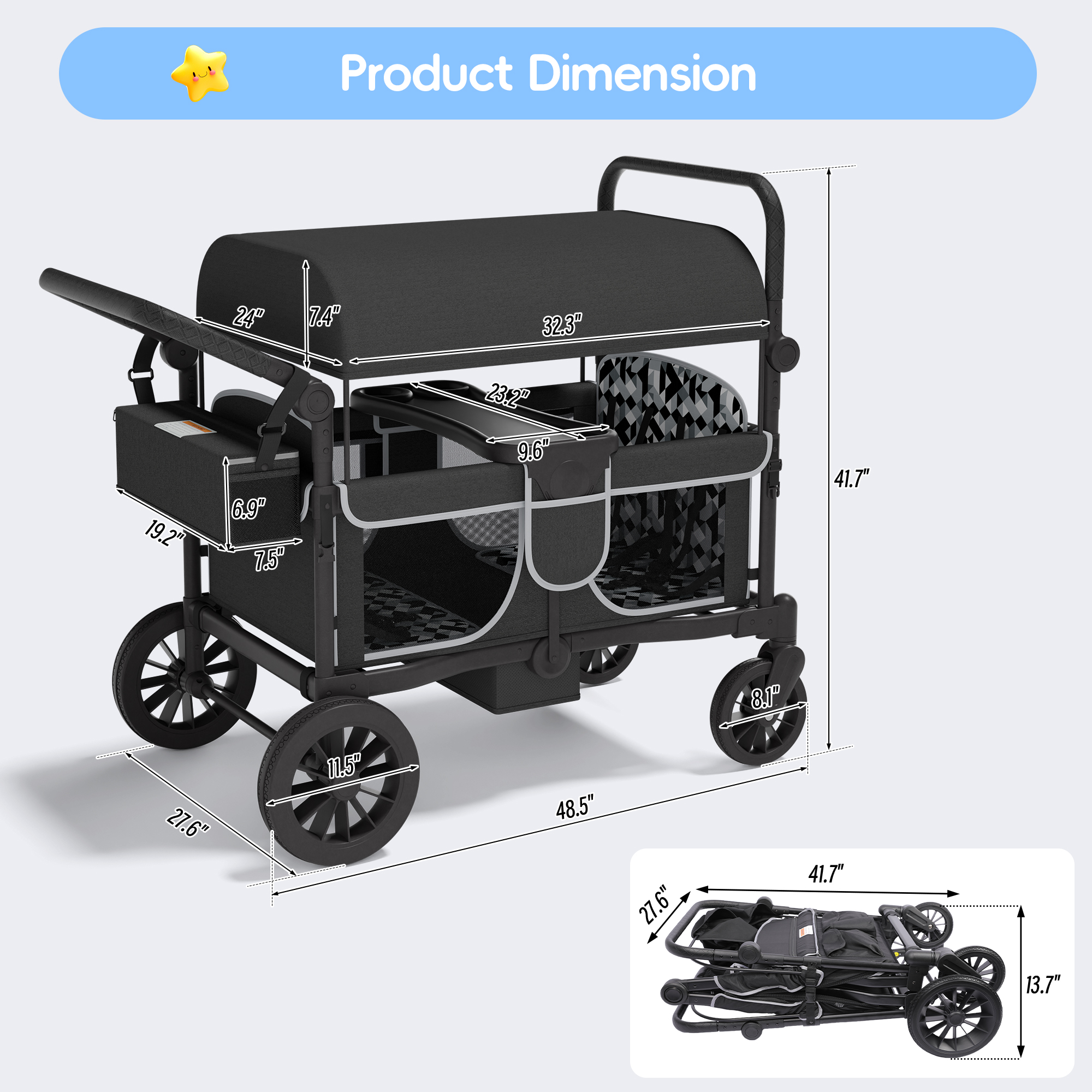 Reasea 4-Seater Foldable Stroller Wagon for Kids, with Canopy, Adjustable Handlebar, 5-Point Safety Harness, Removable Snack Tray & Carry Bag
