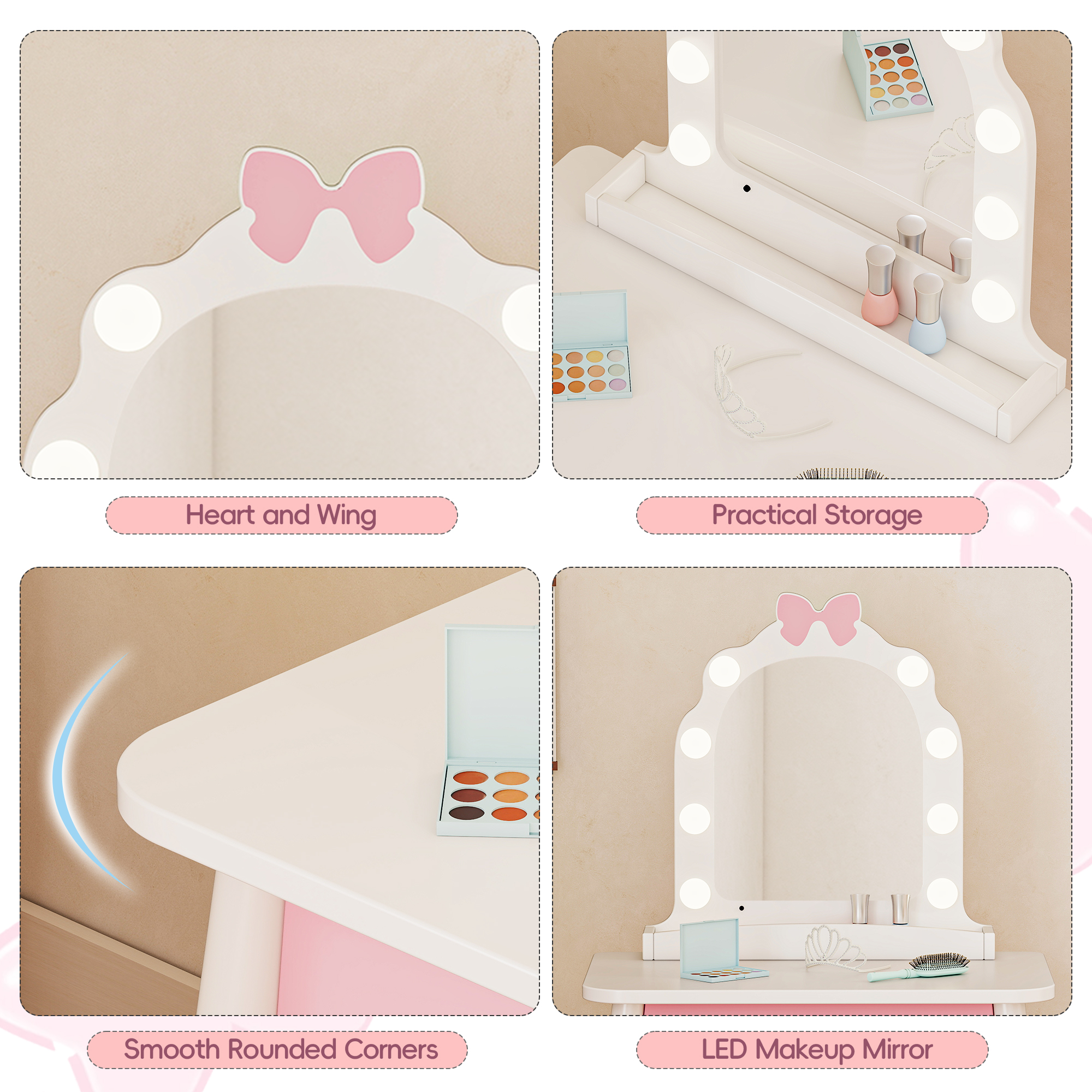 Reasea Kids Vanity Set with Light & Barber Chair, Pretend Play Makeup Dressing Table with Storage Shelf, 7 Pcs Hair Salon Accessories