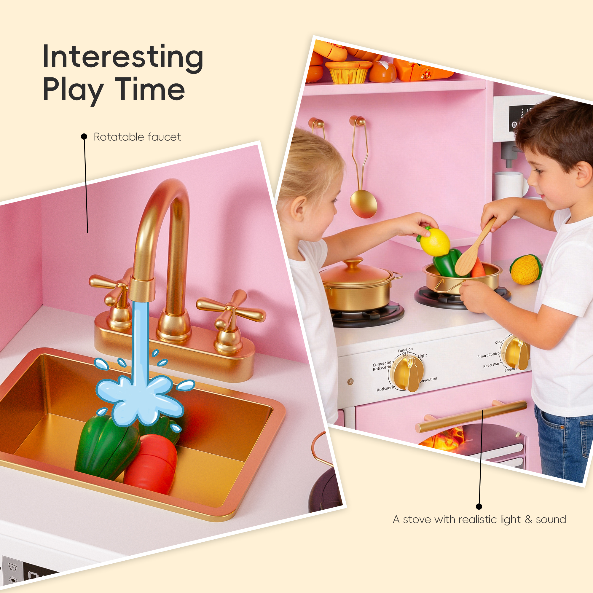 Reasea Play Kitchen for Kids, Wooden Kids Kitchen Playset with Realistic Lights & Sounds, Toy Kitchen Set with Smart Storage & Fun Accessories, Gift for Ages 3+, Pink