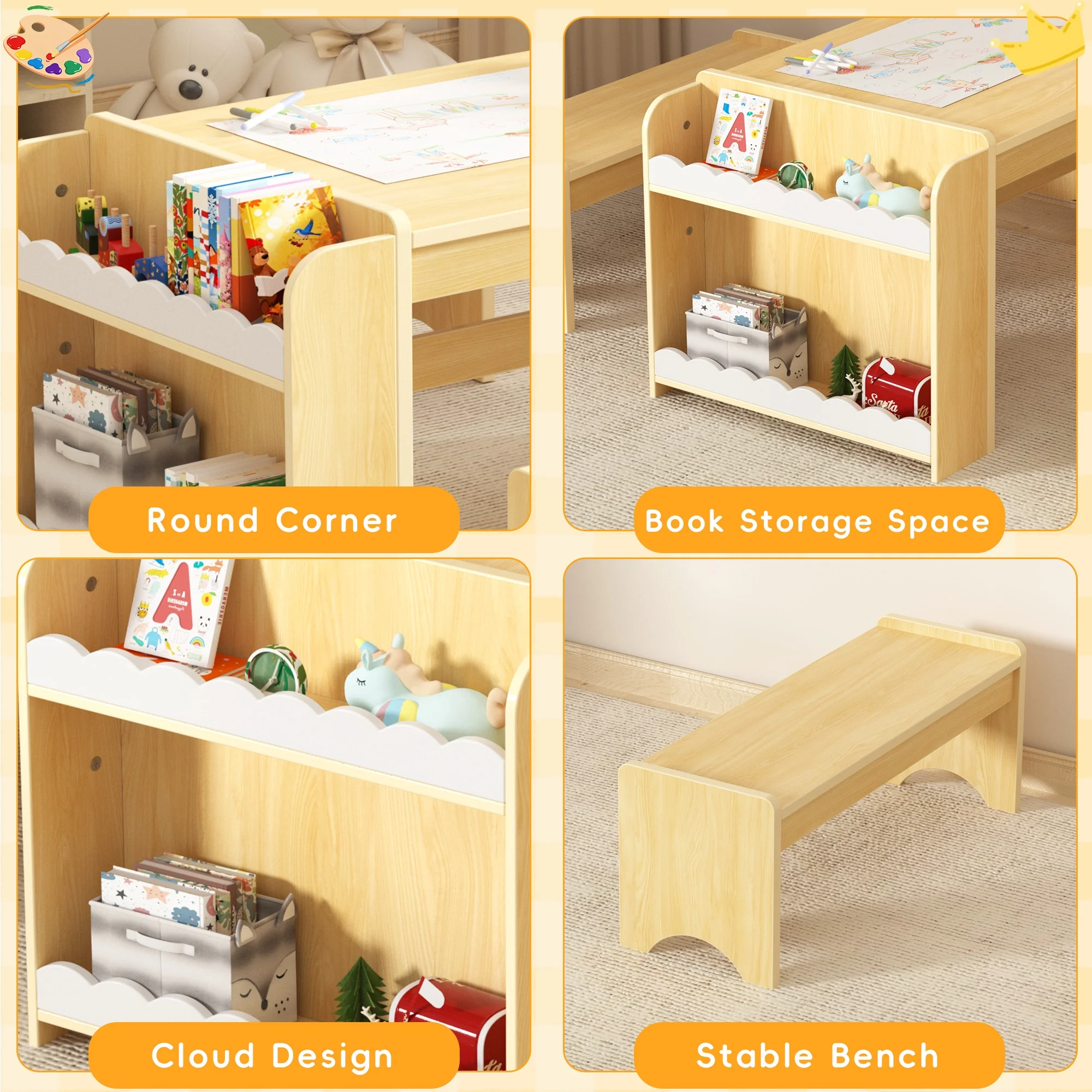 Reasea Wooden Kids Table and Chair Set, Montessori Activity Table with Storage, Toddler Craft Desk