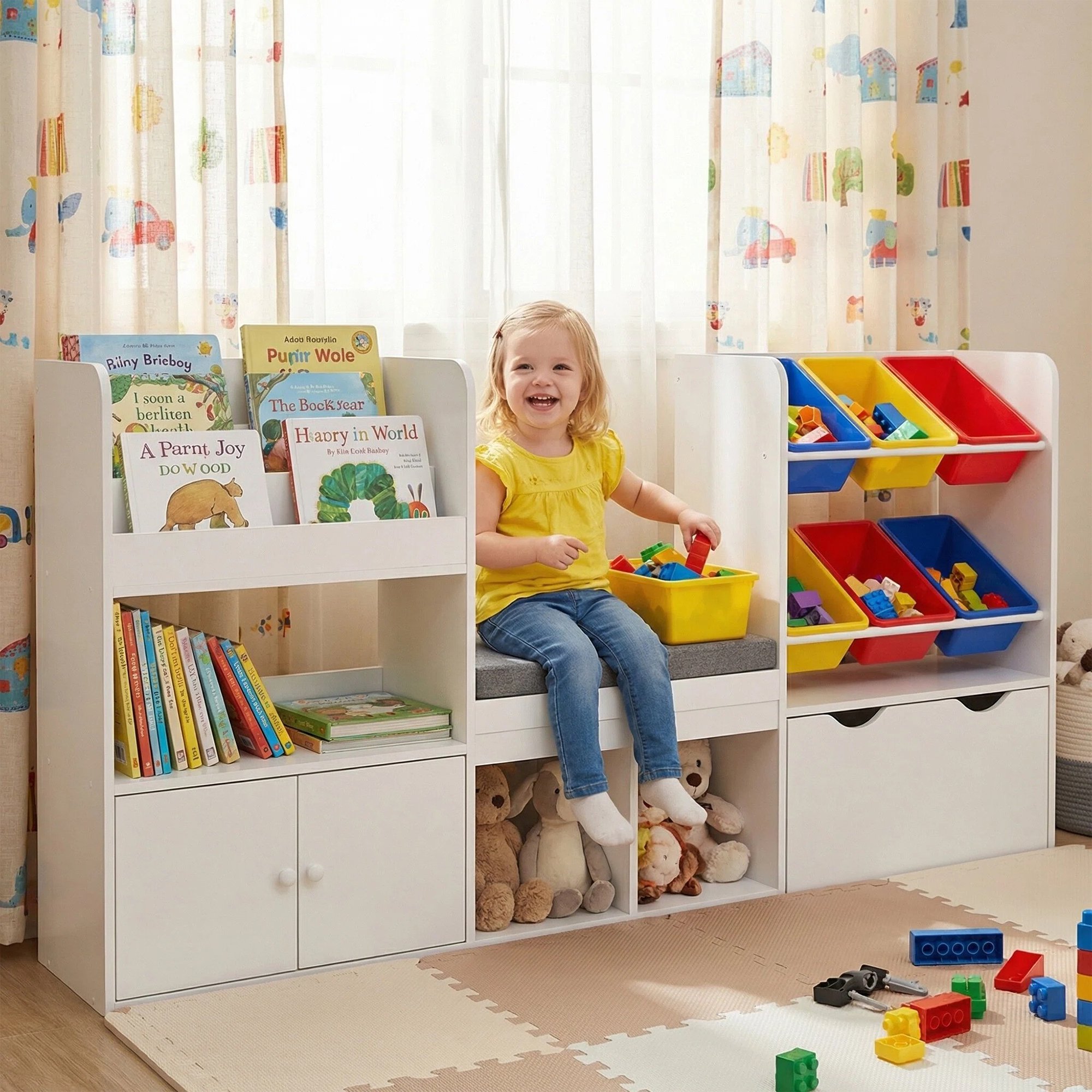 Reasea Kids Bookshelf with Reading Nook & Storage Bench, 73 Inch Toy Organizer with Movable Drawer & 6 Removable Bins, Montessori Reading Corner Furniture(Colorful Toy Bins)