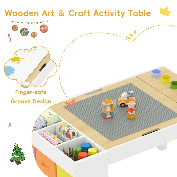 Reasea Kids Art Table and Chair Set,Kids Craft Table with Storage,6 Pen Holders,Paper Roll Holder