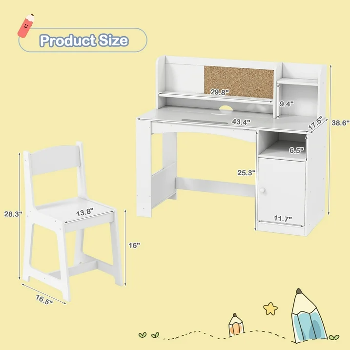 Reasea Kids Study Desk and Chair Set with Tiltable Desktop, Hutch & Storage - Wooden Writing Table for Ages 5-12